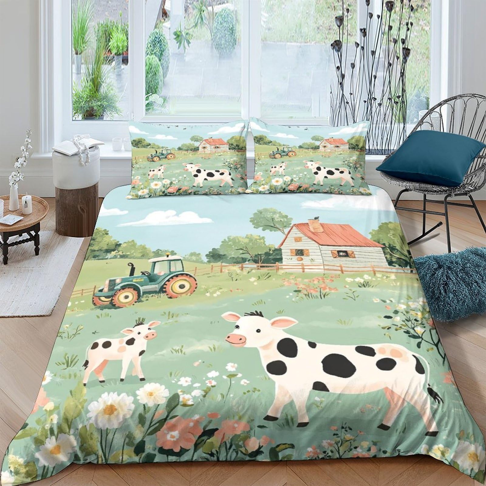 Ctjqhvkz Style-2 3D Printed Pastoral Farmhouse Fitted Sheet Microfiber Soft Green Meadow Cow Tractor Mattress Cover Bedroom Decor Single（135X200cm）