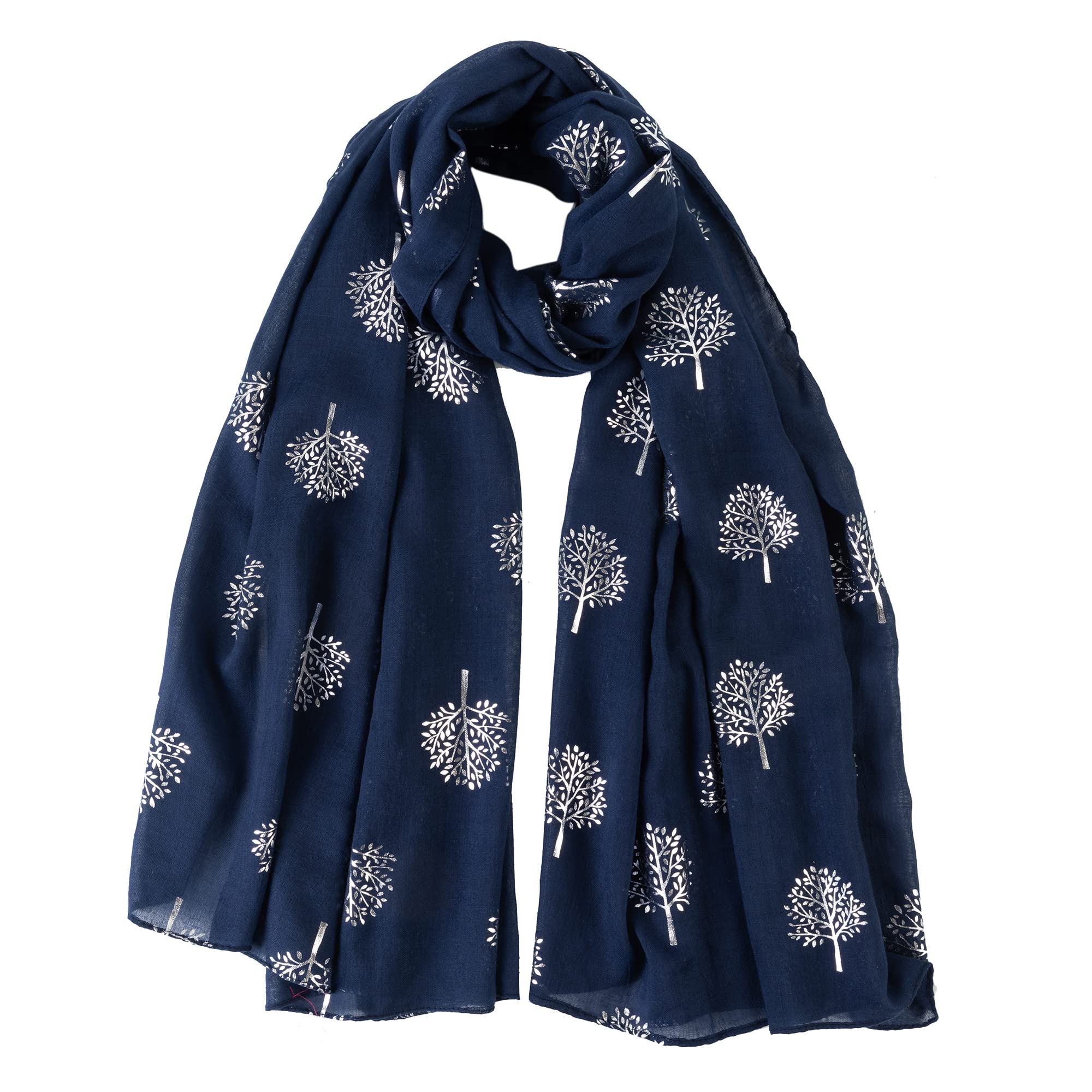 London Scarfs Women's Navy Blue Glitter Mulberry Trees Scarf Foil Printed Tree Fashion Wrap (Navy Blue)