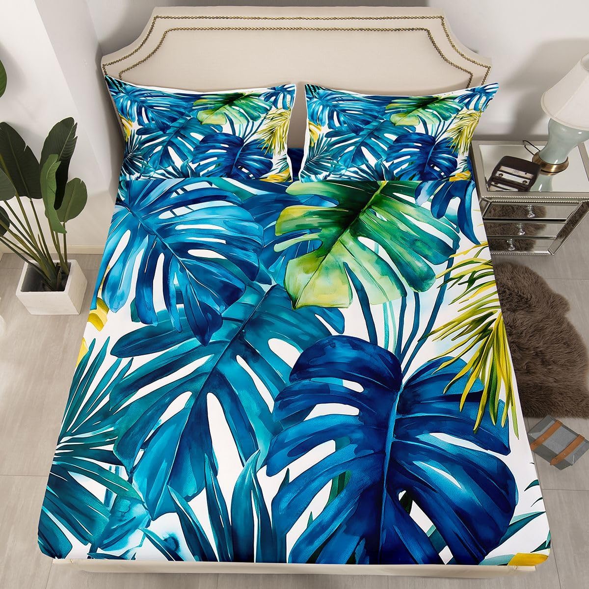 Blue Yellow Green Fitted Sheet Twin Size for Kids Boys Girls,Oil Painting Leaves Bed Sheets,Hawaii Summer Theme Bed Set,Tropical Palm Tree Bedding Set with 1 Pillowcase Deep Pockets,no Top Sheet