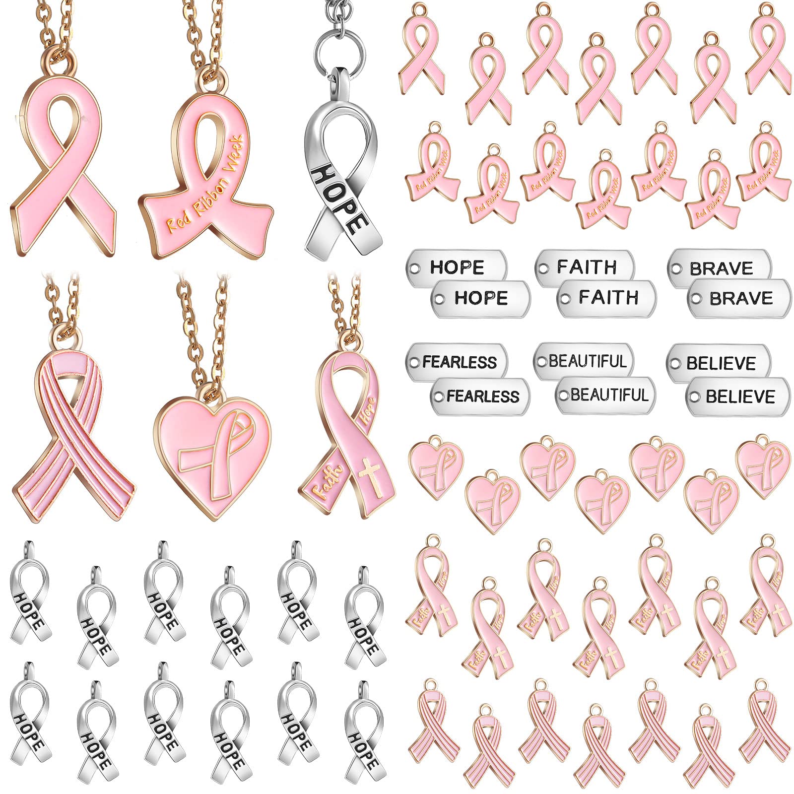 108 Pieces Breast Cancer Awareness Charms Pink Ribbon Hope Ribbon Charms Pendants Inspirational Pink Silver Gold Engraved Word Pendants Set for Jewelry Making DIY Craft Making Supplies