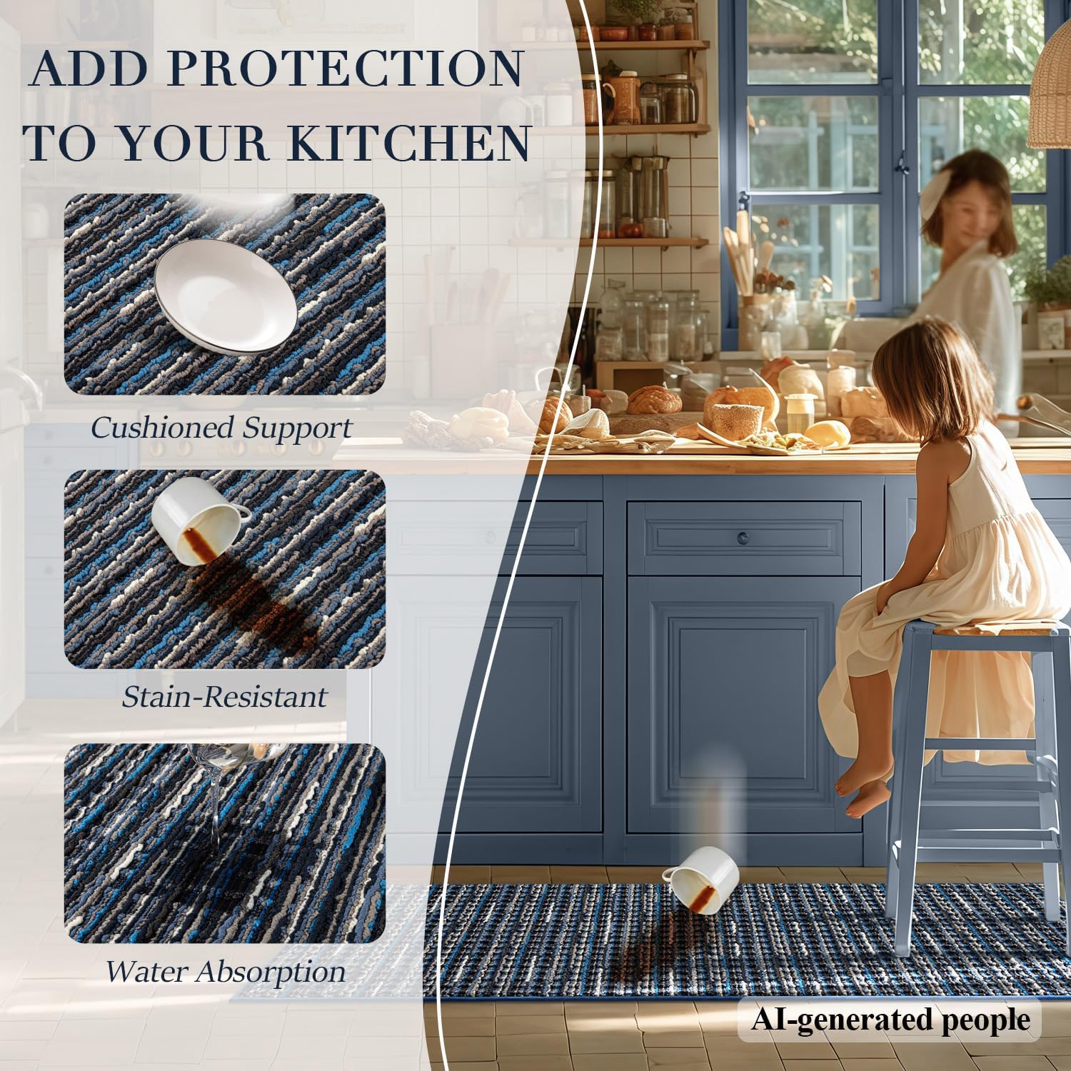Kitchen Rugs Sets of 2, Non Slip Kitchen Mats for Floor, Navy Blue | 20"x47"+20"x32", Stain Resistant, Washable, Rubber Backing, Farmhouse Vintage, Runner for Kitchen Hallway Entryway Laundry thumbnail