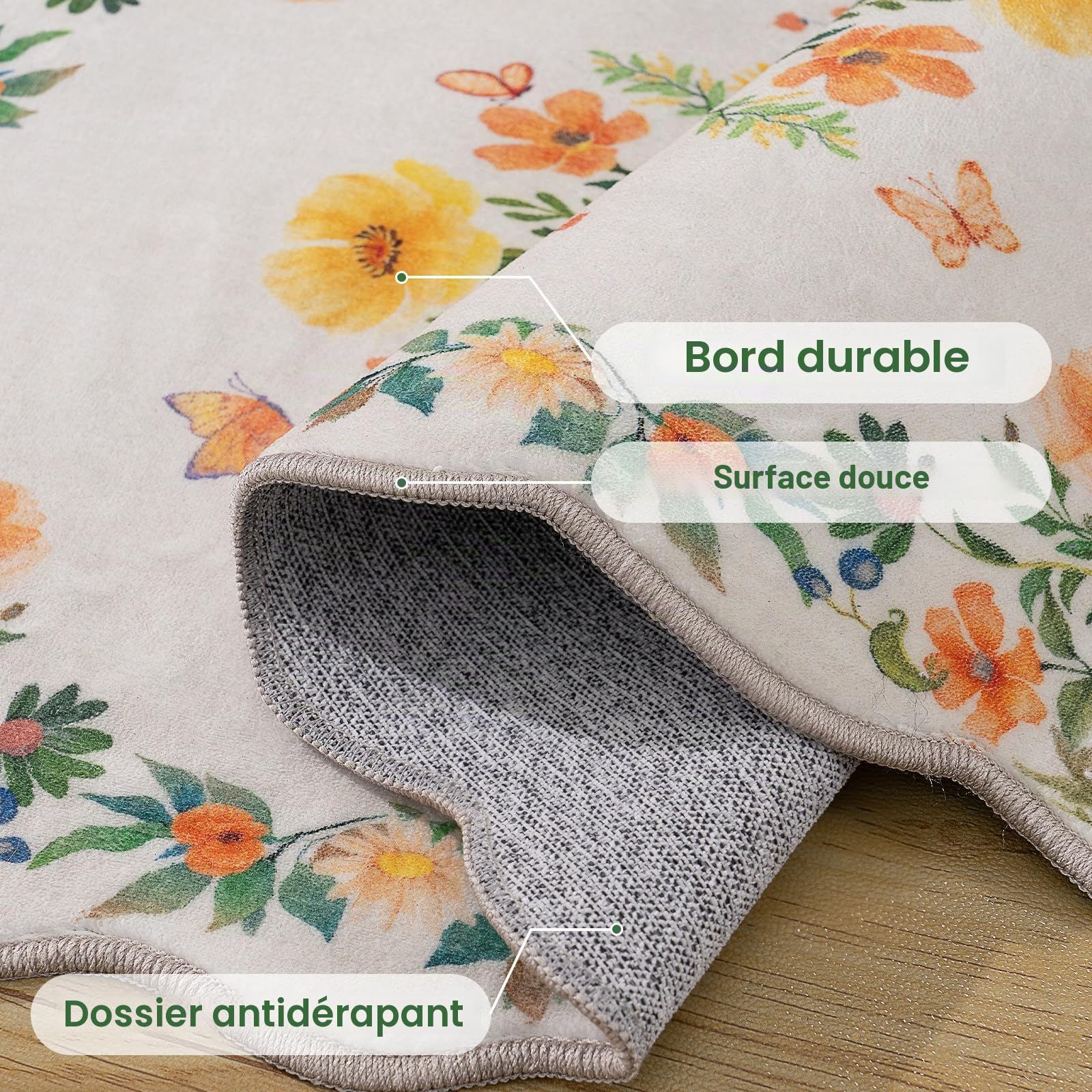 Tapis bohème, lavable, 200 x 300 cm, grand tapis de salon, à poils courts, design vintage oriental, doux, antidérapant, pour chambre à coucher, salle à manger, cuisine, bord ondulé, beige
