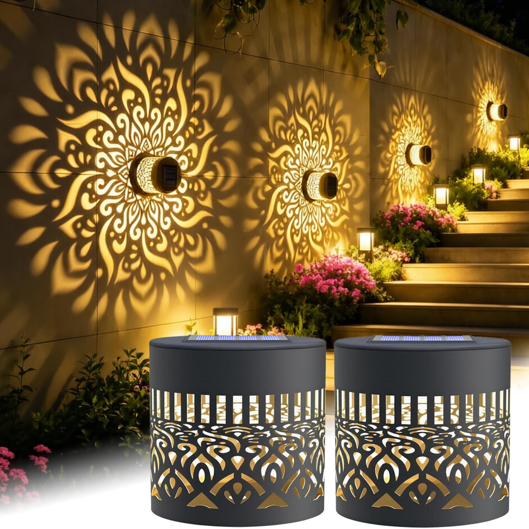 2 Stück Decorative Solar Mandala Lights,Mandala Solar Lights | Wasserdicht Metall LED Gartenleuchte für Dekoration Garten, Gartendeko, Terrasse, Patio, Camping, Hinterhöfe