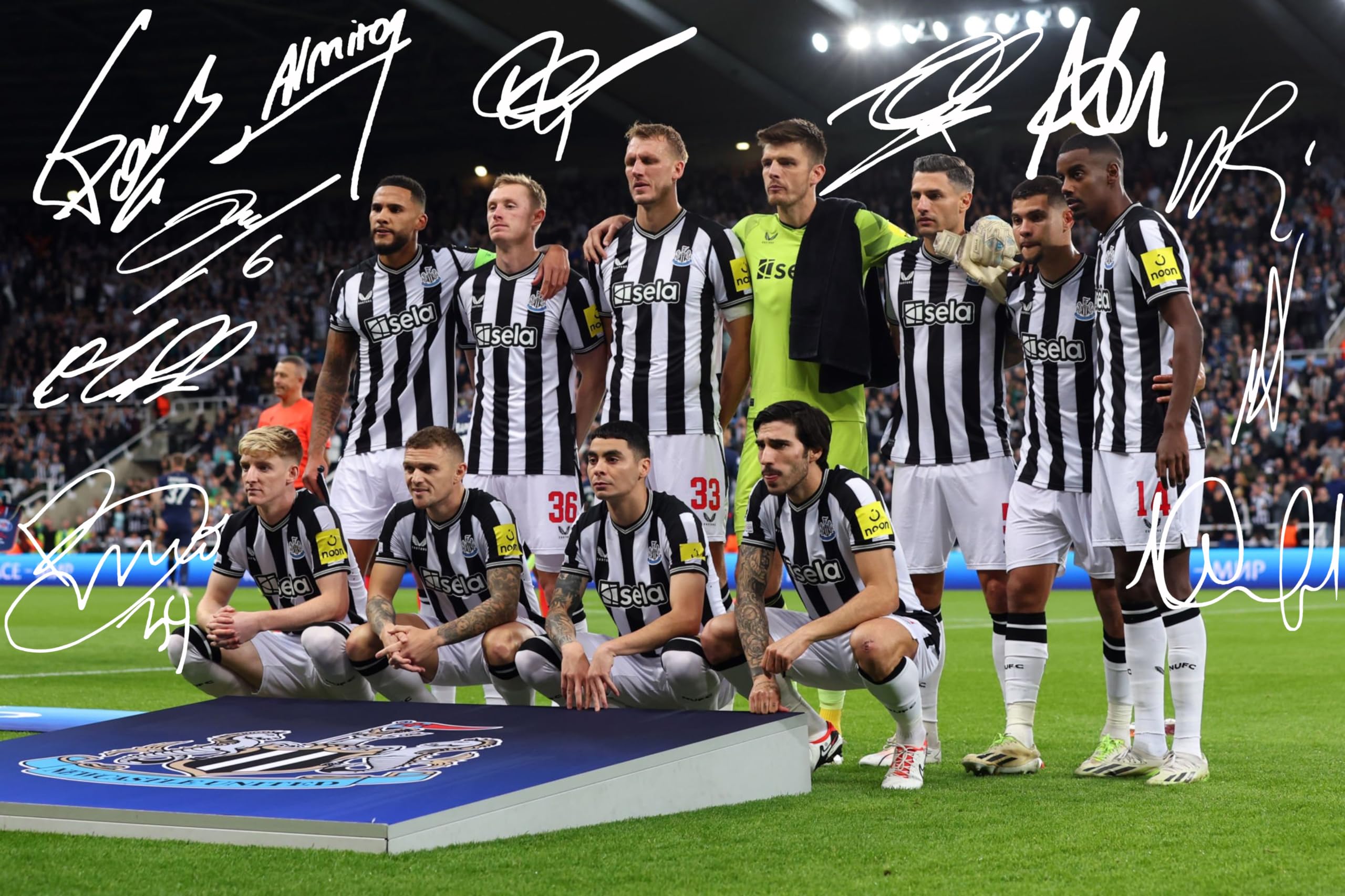 RJR PRINTS Newcastle United Team Line Up v PSGA Champions League Team Multi Signed 12x8 Inch Photo Print Pre Printed Signature Autograph Football Gift