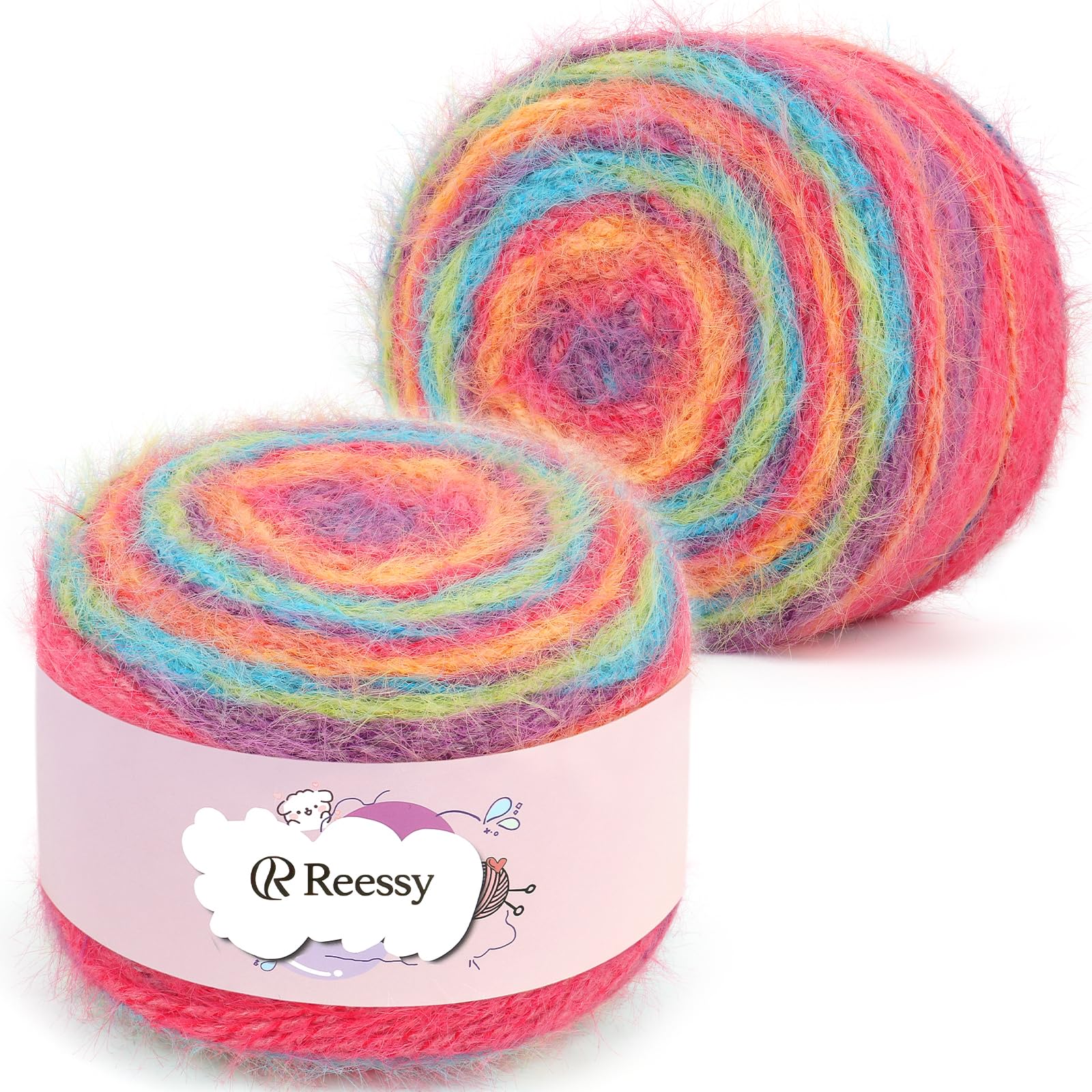 Reessy Ombre Yarn for Crocheting and Knitting, 2 Pack of 190g/400m-38% Wool, 40% Nylon, 22% Acrylic-Soft Plush Cake Yarn for Crochet Blanket Sweaters Scarves Hat and Colorful Crafts -Rainbow
