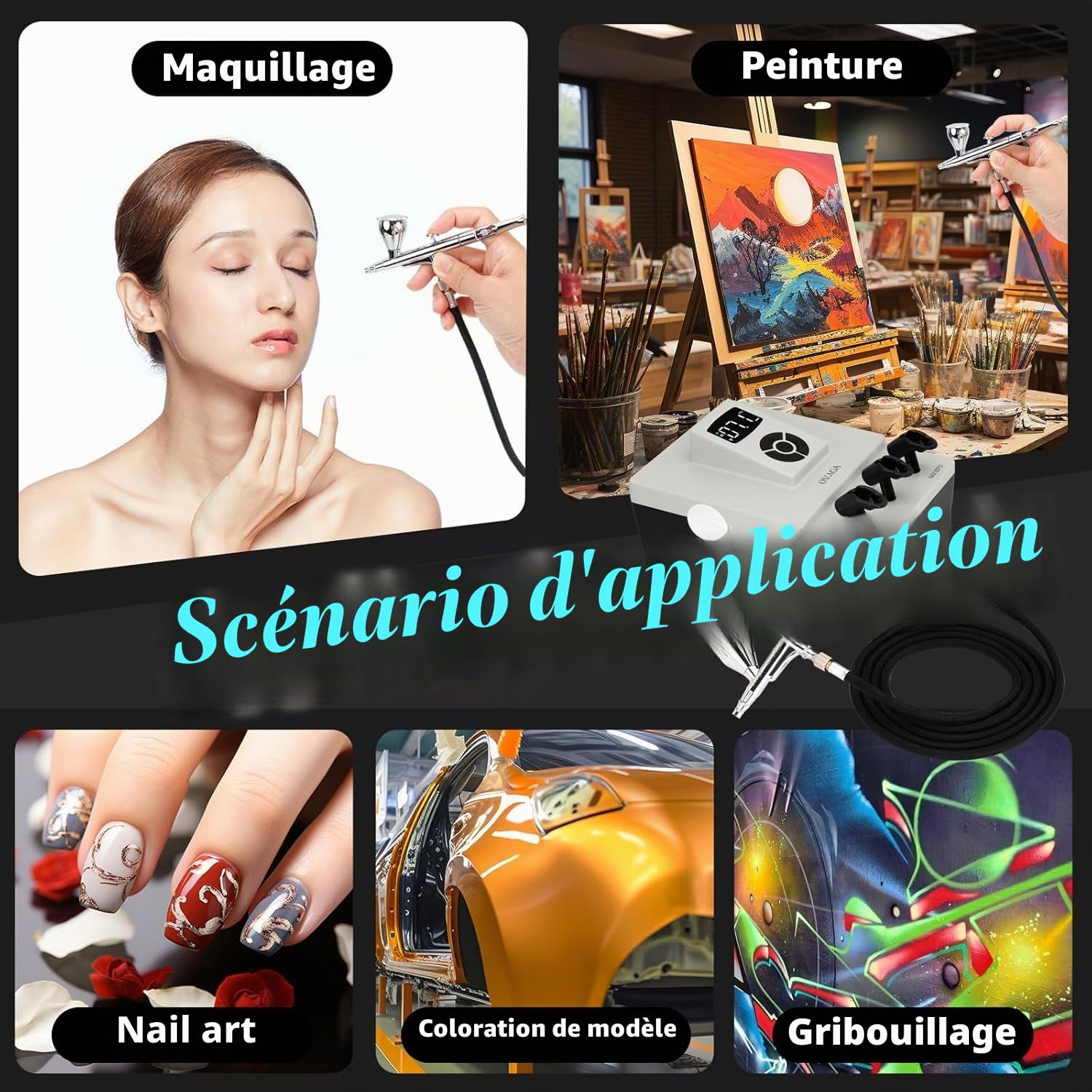 Kit de système d'aérographe professionnel ultra silencieux 85 psi, double action, ensemble aérographe multifonction avec compresseur pour peinture, décoration de gâteau, maquillage, art