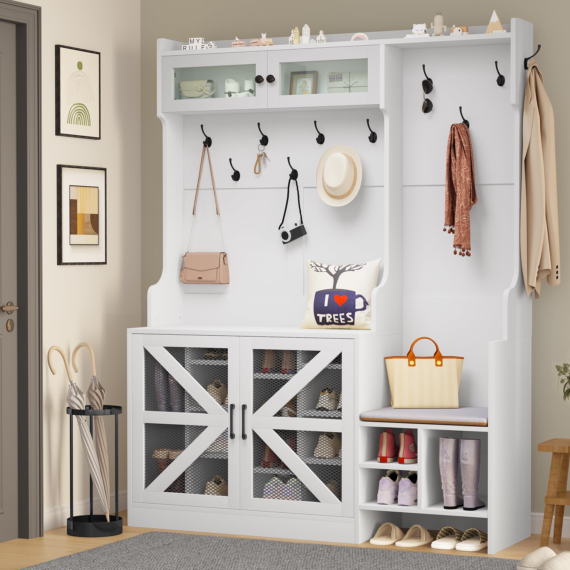 Coat Rack White Farmhouse Entryway Bench DWVO Hall Tree With Shoe