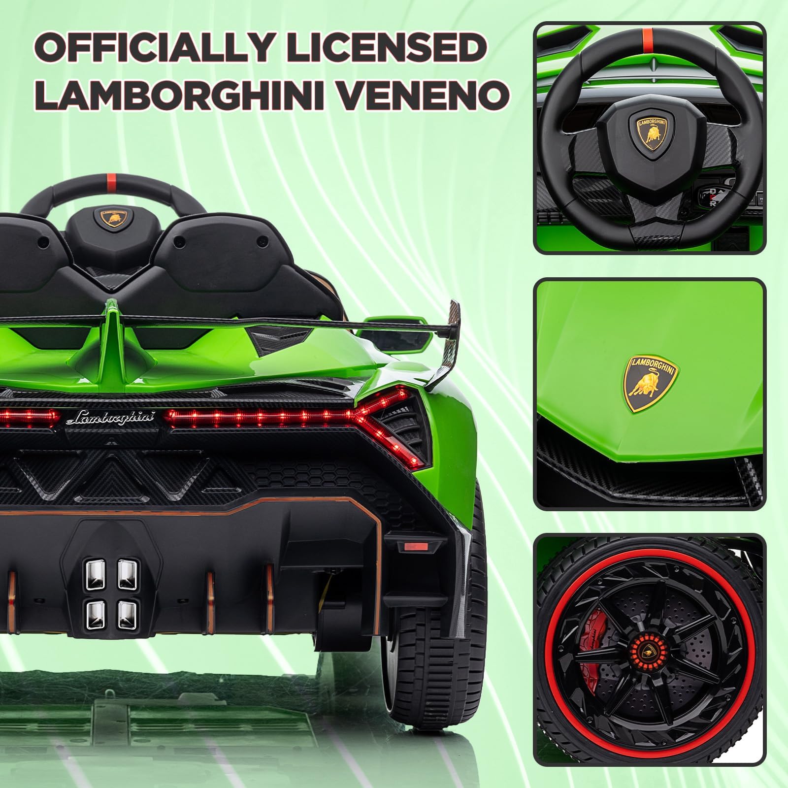 Voiture électrique Enfant Lamborghini 12V Licence Officielle, 2 Moteurs Puissants, Portes Papillon, Télécommande Parentale, Suspension, LED, Musique Bluetooth/USB, Marche Avant/Arrière