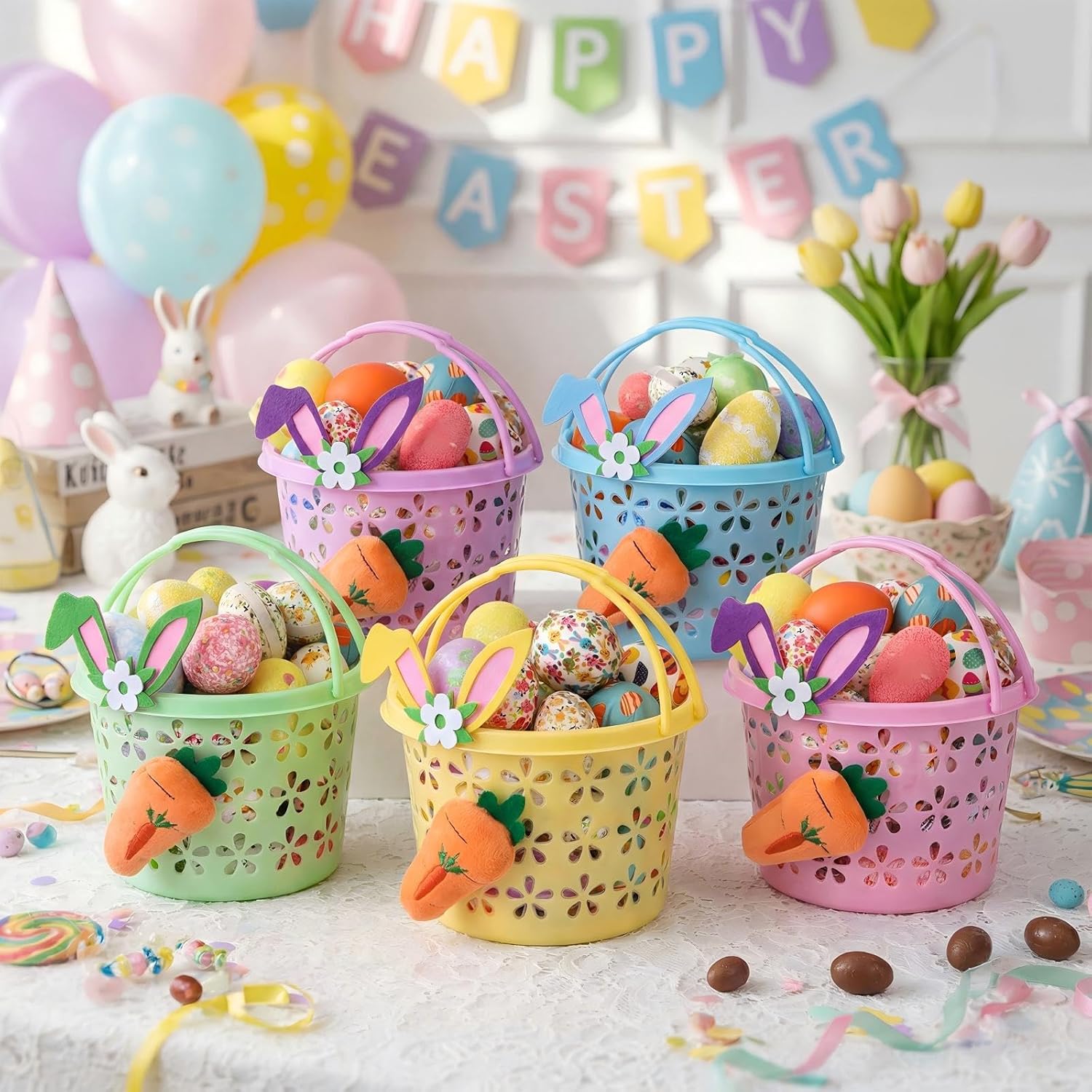 10 Set Easter Baskets Bulk Small Plastic Easter Egg Basket with Handle Carrots Bunny Ears 6.7'' Mini Empty Pastel Fillers Stuffers Bucket for Egg Hunt Spring Party Favors Gifts