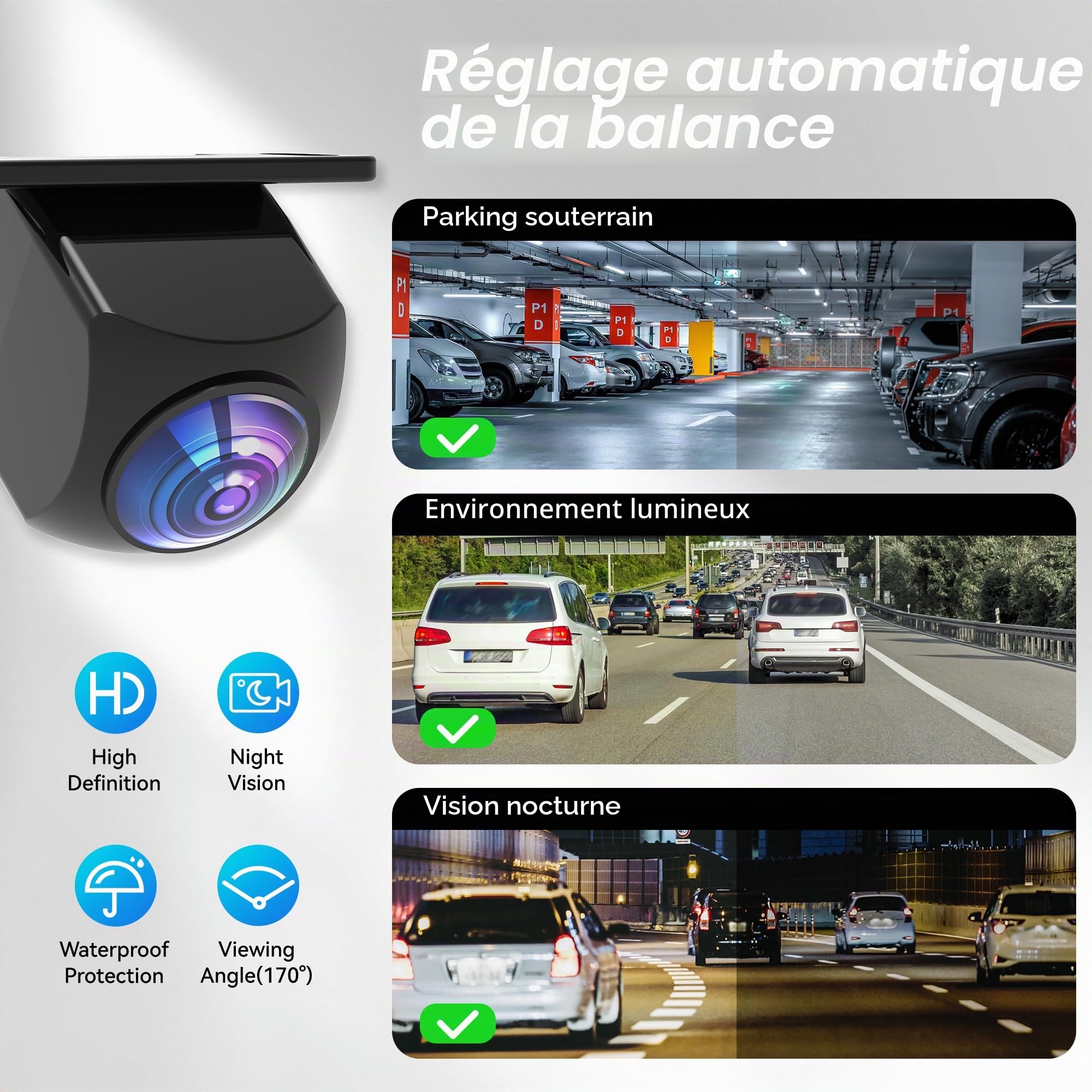 Caméra de recul AHD 1080P pour voiture, Caméras de recul pour voiture à installer 170° grand angle avec vision nocturne IP69K étanche, Caméras de recul universelles pour camping-car, SUV, pickup