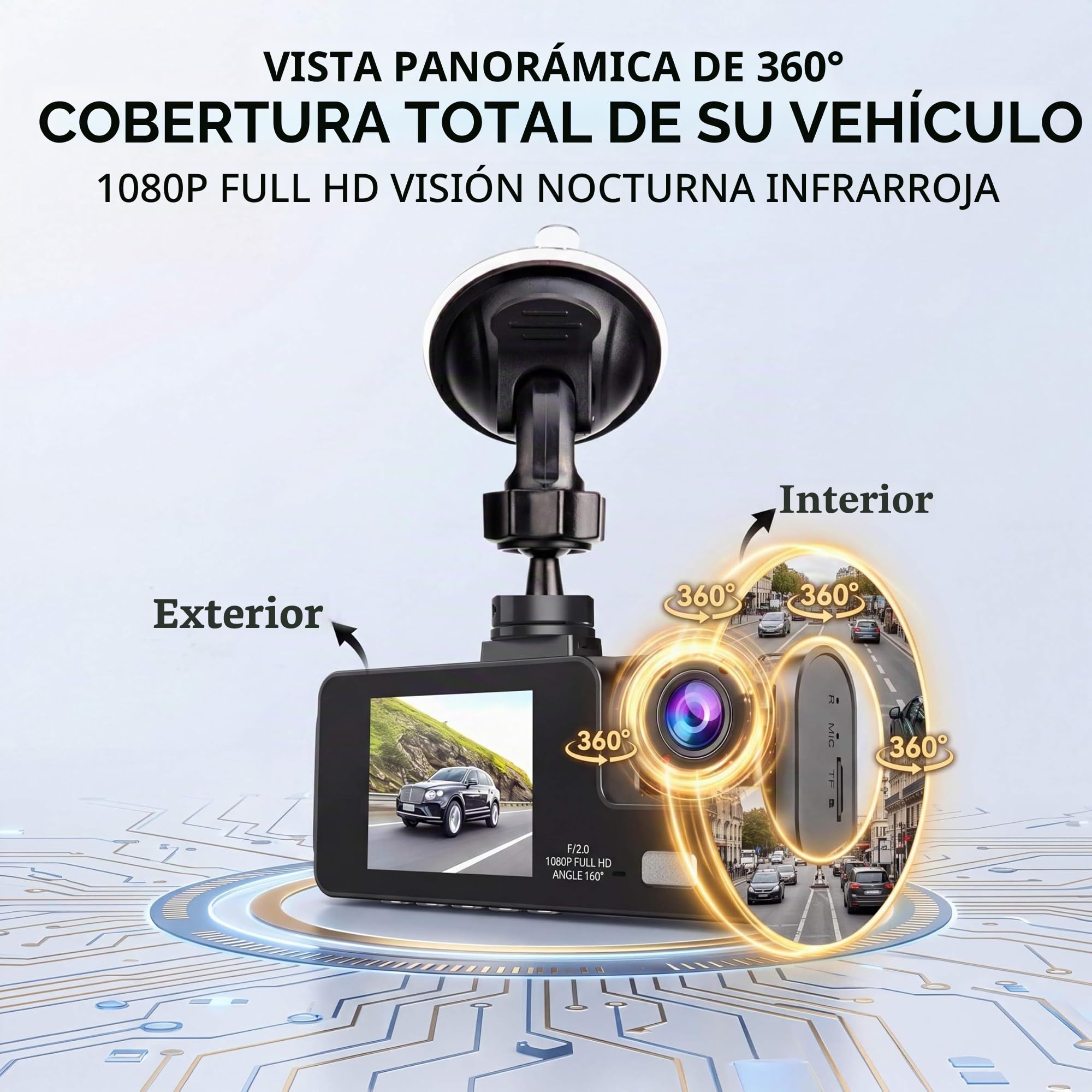 Cámara Dashcam de 3 cámaras 1080P Full HD | Máxima seguridad 360° sin Ángulo Muerto, Visión Nocturna y estacionamiento vigilado, WiFi integrado detección de Movimiento, Ideal para Conductores VTC y