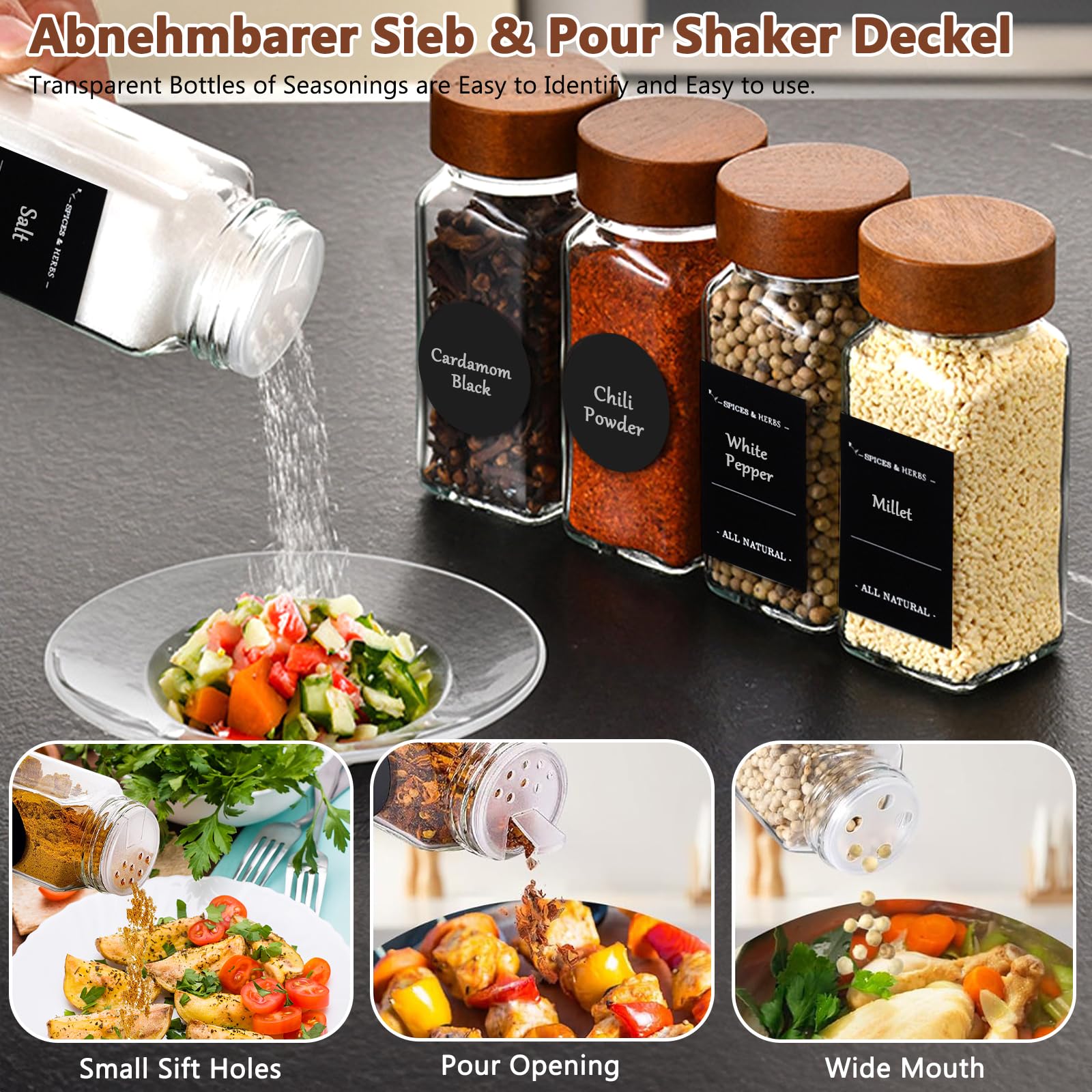 Pot à Épices en Verre et Bois, 24 Pièces 120ml, Set avec Étiquettes, Entonnoir, Brosse
