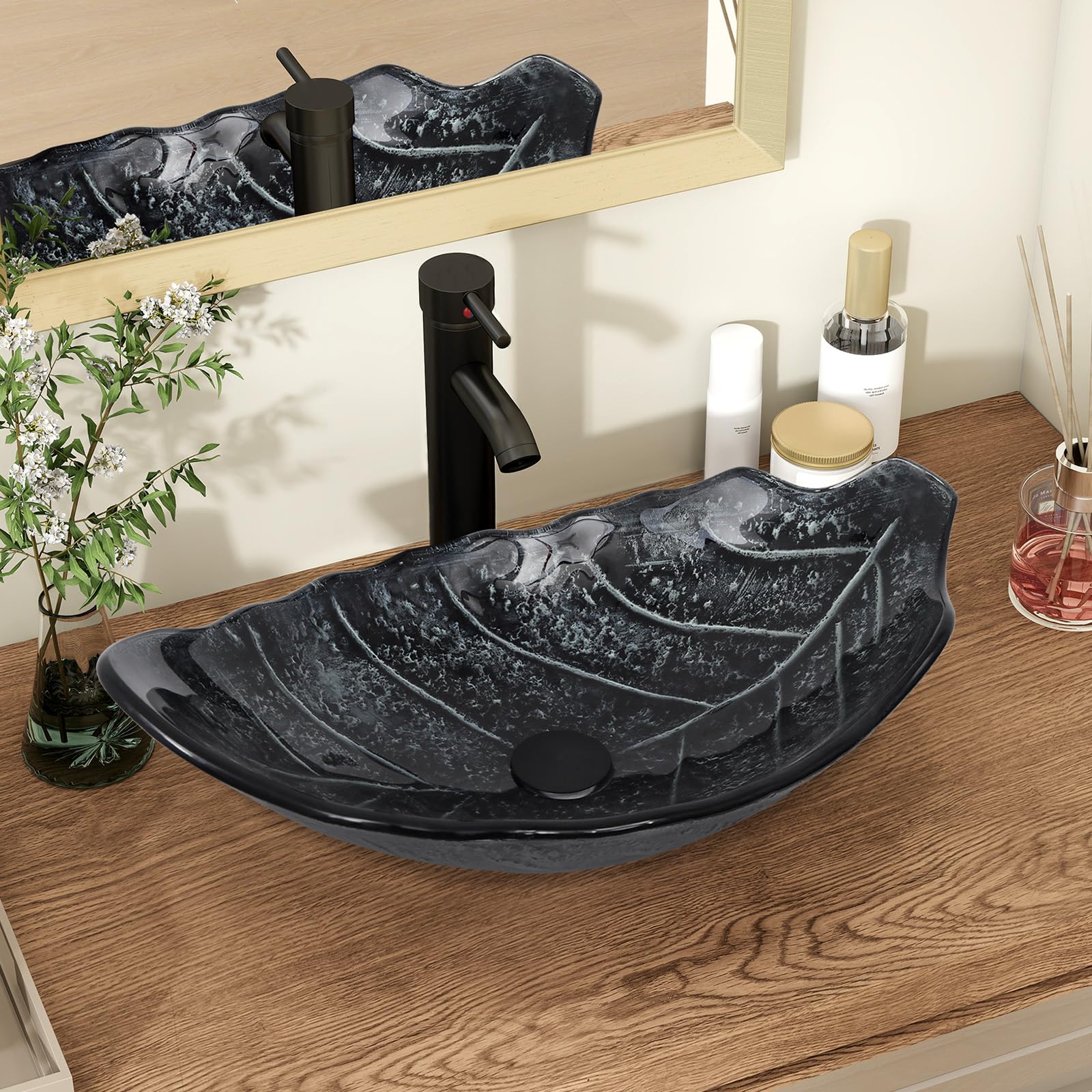 YU YUSING Lavabo Sobre Encimera con Grifo, Lavabo Baño de Cristal 56x34x17 cm, Lavabos de Lujo para Baño, Cocina, Aseo de Invitados, Tocador, Moderno Gris Plata, Forma de Hoja