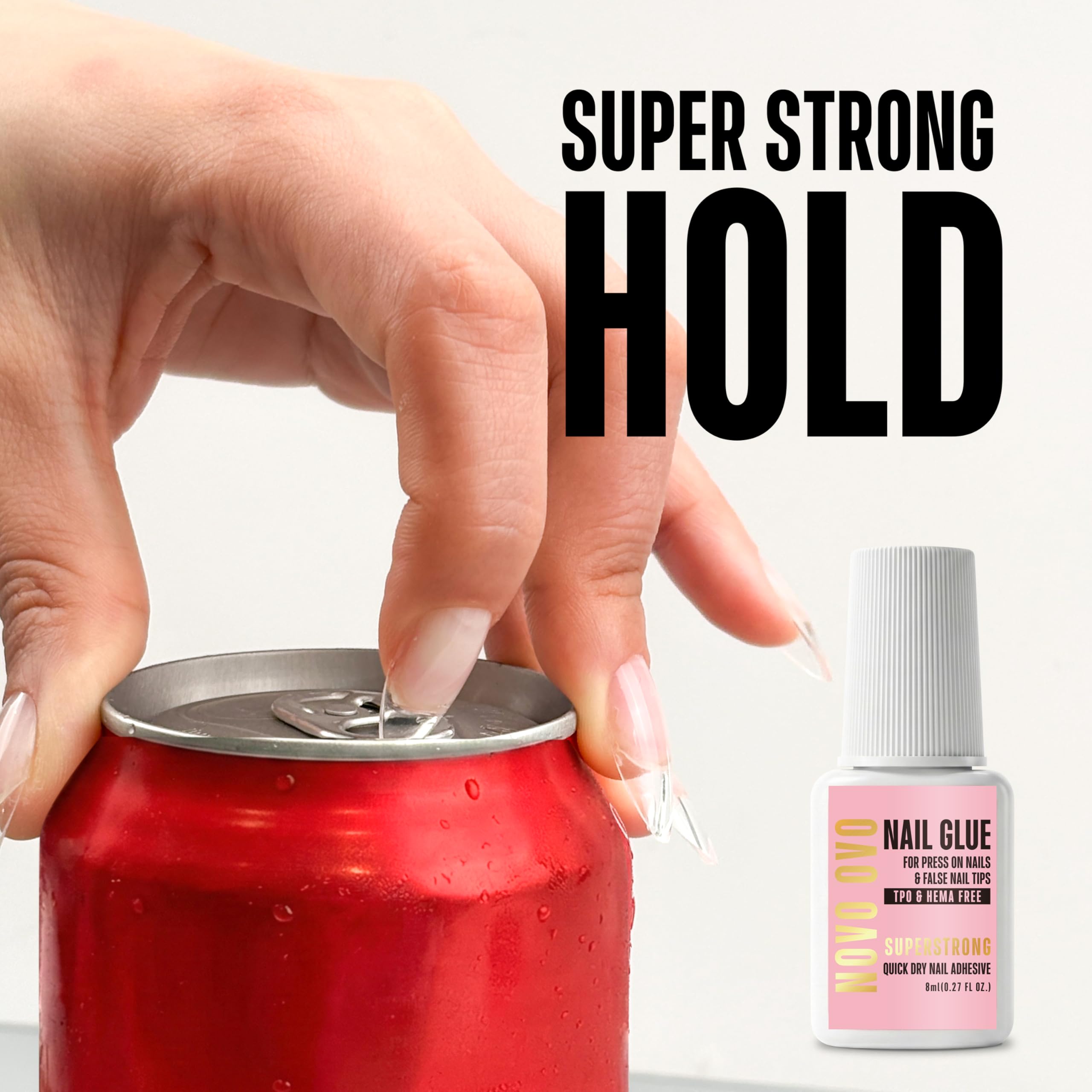 NOVO OVO Klej do paznokci Extra Mocny do Press On Nails i Tipsów (8 ml) – TPO i HEMA FREE. Brush On Nail Glue do sztucznych paznokci, akrylu i pękniętych paznokci. 21+ dni trzymania, 8 s czas