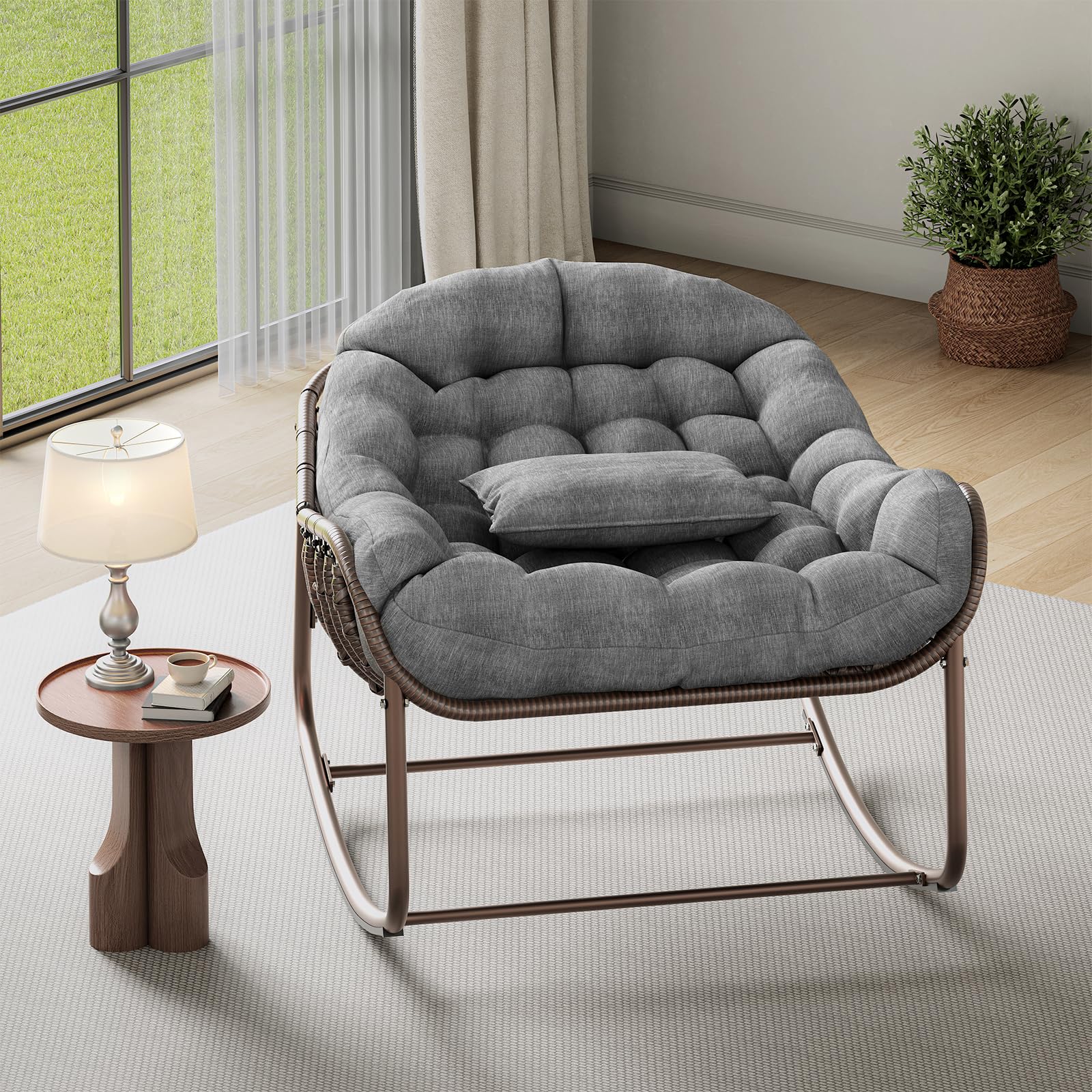 Papasan Schaukelstuhl Übergröße für Garten & Balkon – Rattan Ei-Design, Dicke Polsterung, Metallrahmen – Bequemer Outdoor & Indoor Lounge Sessel für Terrasse, Wohnzimmer, Schlafzimmer –