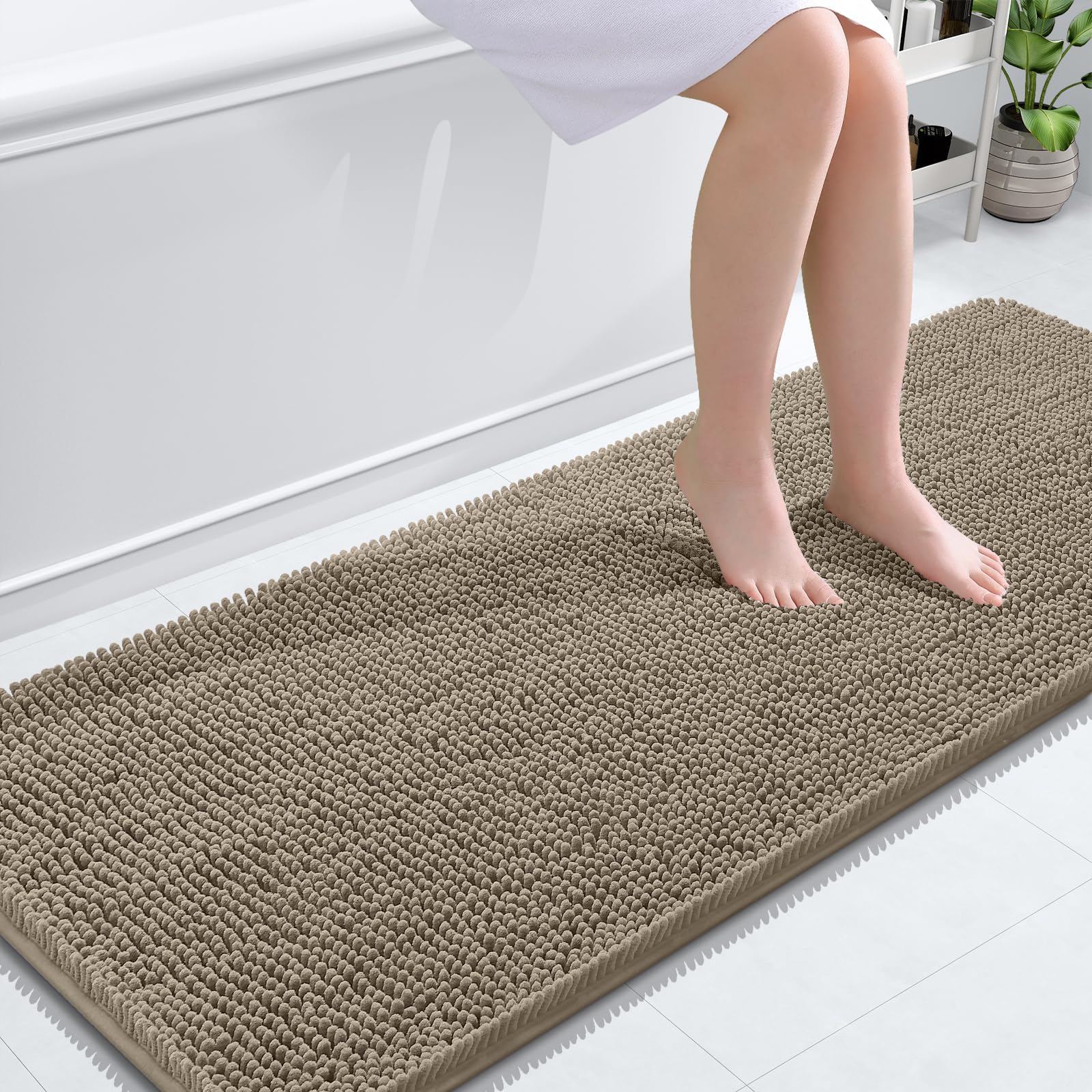 OLANLY Bathroom Runner Rugs 59x24, Extra Soft Absorbent Chenille Bath Rugs | Warm Taupe, Quick-Drying Rubber Backing, Washable Long Bath Mat for Bathroom Floor, Tub and Shower, Home Decor Accessories