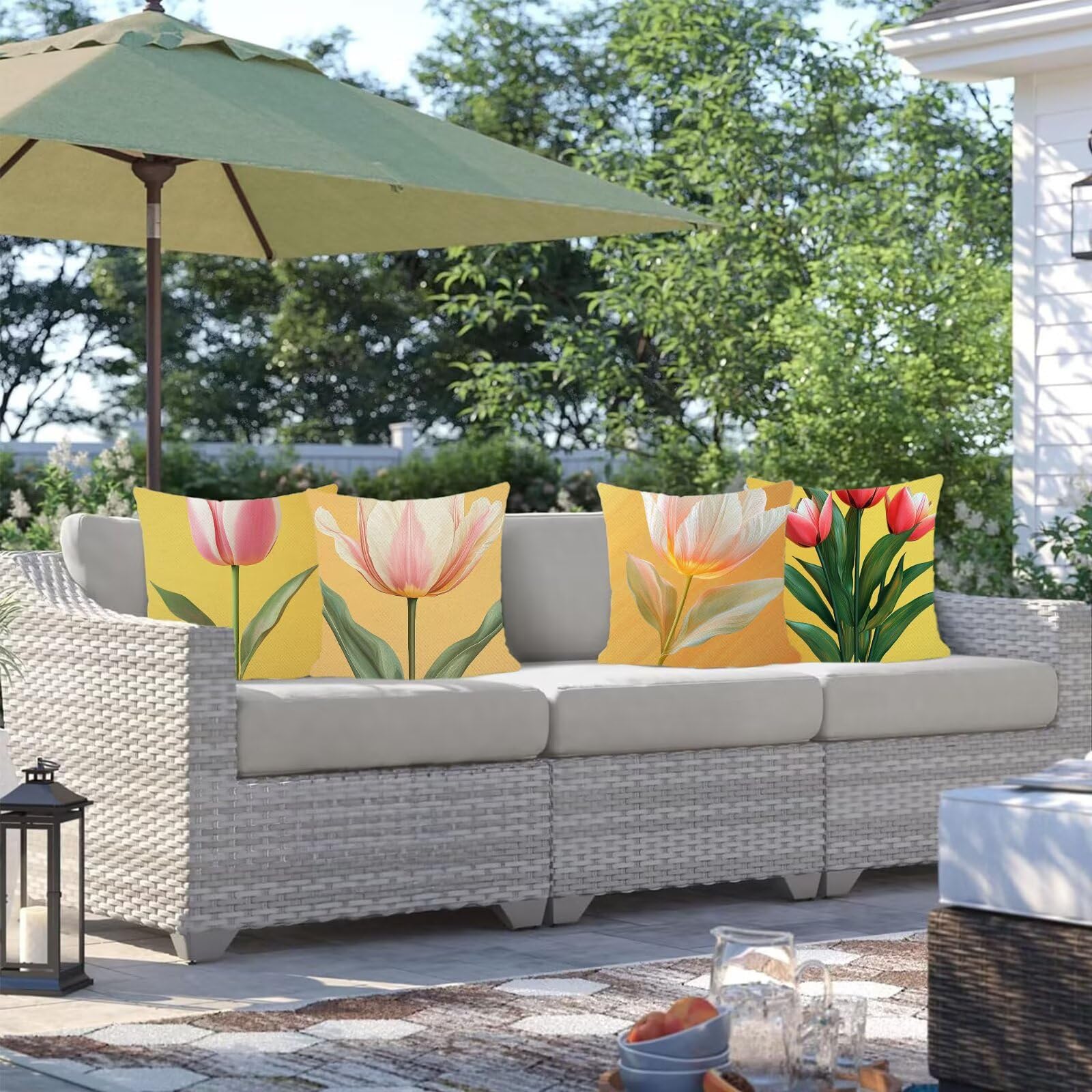 Cuscini Per Divano 60x60cm Set di 4 Cuscini da Esterno Divano Pianta Cuscino Esterno Decorativo in Piazza Estate Lino Impermeabile Cuscino Outdoor Pillowcase, Decorazione Del Giardino Fiore E-6