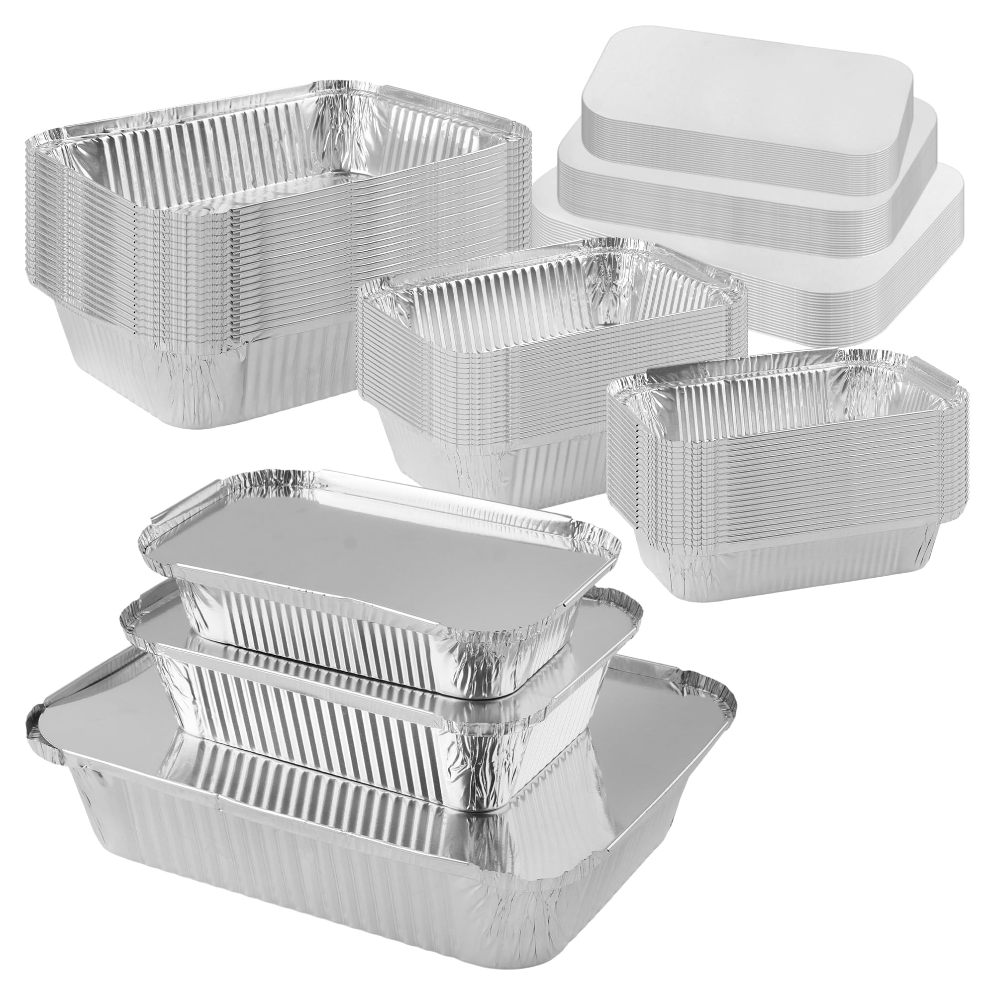 Confezione da 60 vassoi in alluminio con coperchi, 1750 ml/700 ml/410 ml, grandi contenitori in alluminio riutilizzabili, per asporto, cottura, arrosto, frittura, 3 dimensioni