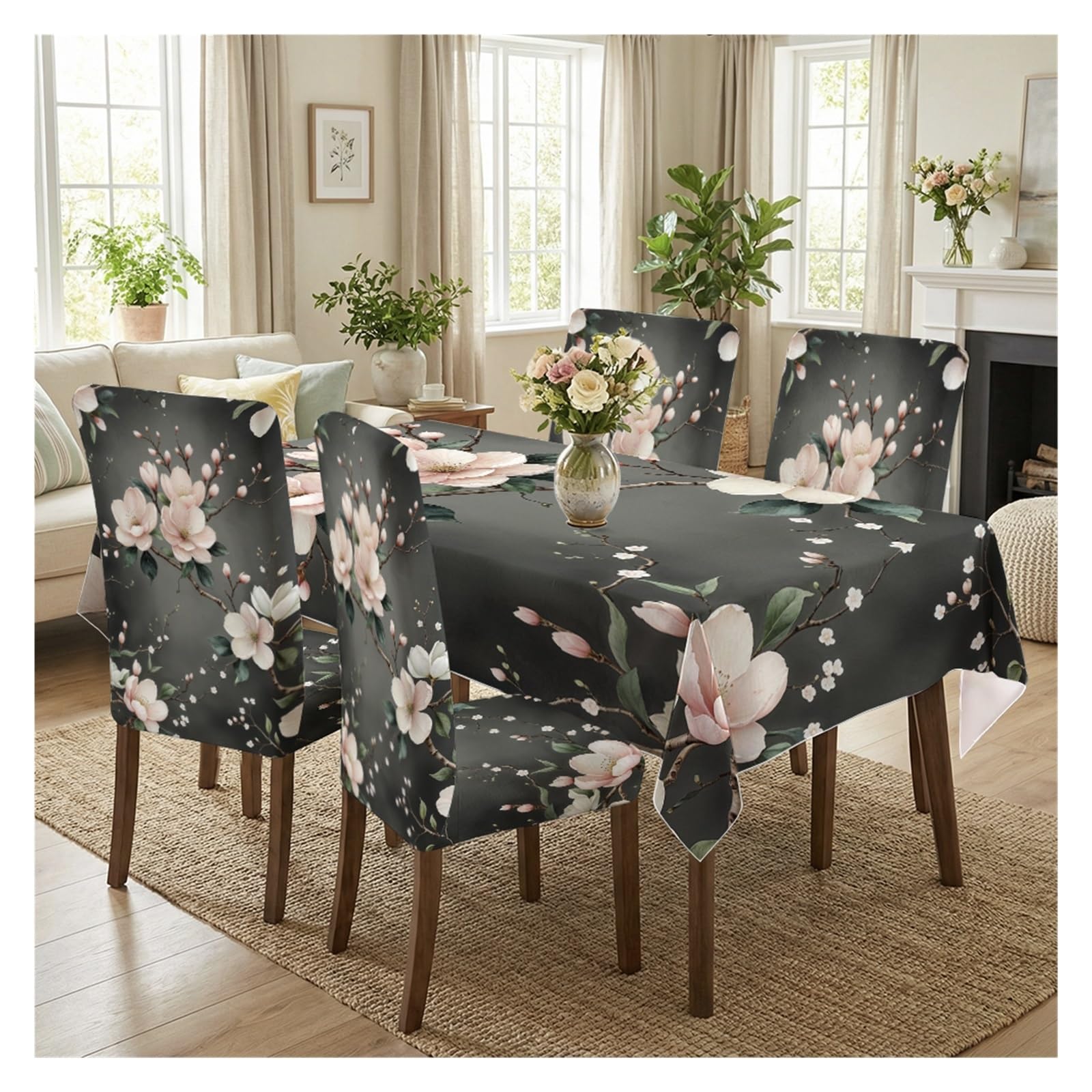 BOSUYBN Dark Base White Magnolia Floral Printed Dining Tablecloth & Chair Covers Set, 5/7 Piece Elegant Moody Vintage Home Decor Table Setting(5pcs Set: Tablecloth+Chair Covers)