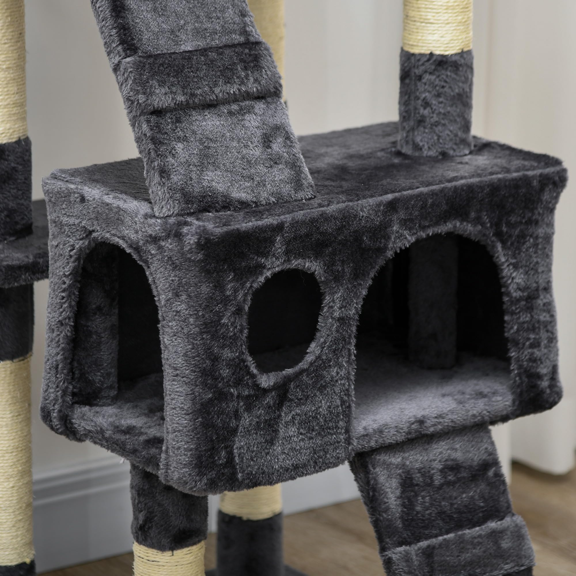 PawHut Árbol Rascador para Gatos Torre Escalador 2 Cuevas 173cm Gris Oscuro | Árbol para Gatos, 3 Camas, 2 Rampas, Postes de Sisal, 2 Ratones Colgantes