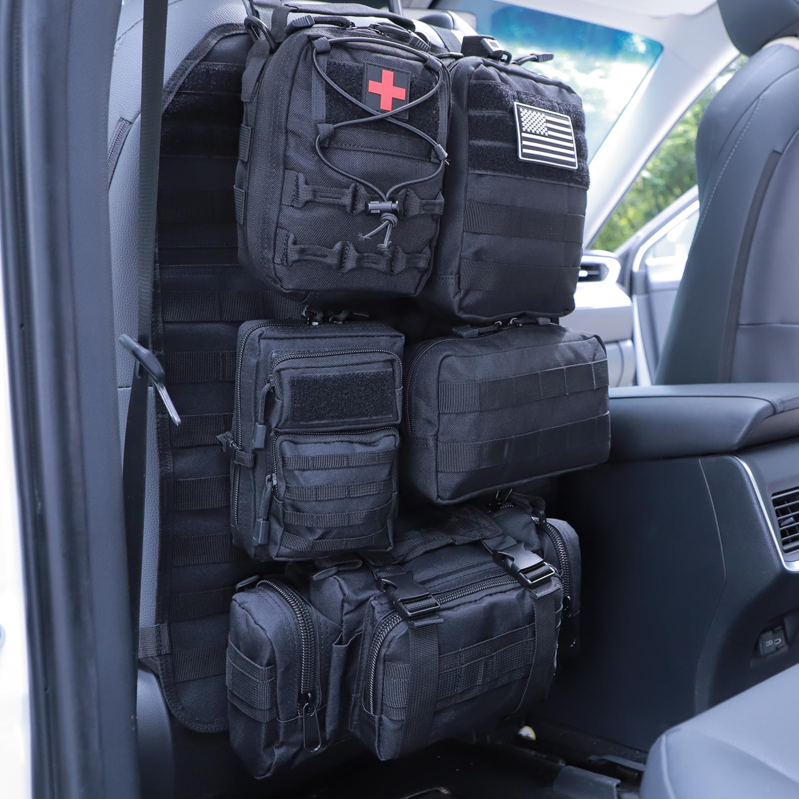 Universal Tactical Seat ​Back Organizer Vehicle Molle Panel Organizer Storage Bag with 5 Detachable Molle Pouch for All Vehicel Such as Jeep,Truck,SUV, Car, Ford,Chevy etc (Upgraded-A-Black)