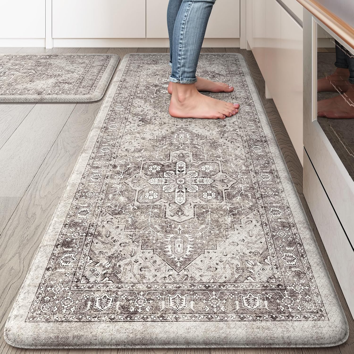 KIMODE Anti Fatigue Kitchen Mats for Floor, Farmhouse Kitchen Rugs Sets of 2, Non Slip Waterproof Kitchen Floor Mats, Memory Foam Kitchen Mat for Sink, Laundry, Office, Desk Grey Brown 20"x47"+20"x32" 20" x 47"+20" x 32"--0.47 inches Grey Brown/Multi