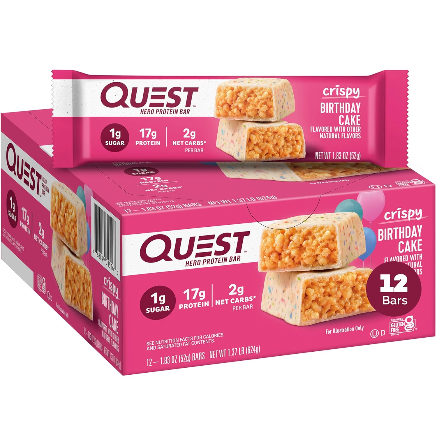 Quest Nutrition Crispy Birthday Cake Hero Protein Bar, 17g Protein, 1g Sugar, 2g Net Carbs, Gluten Free Protein Snack, Keto Friendly, 12 Count Birthday Cake 12 Count,BB/06/24/25