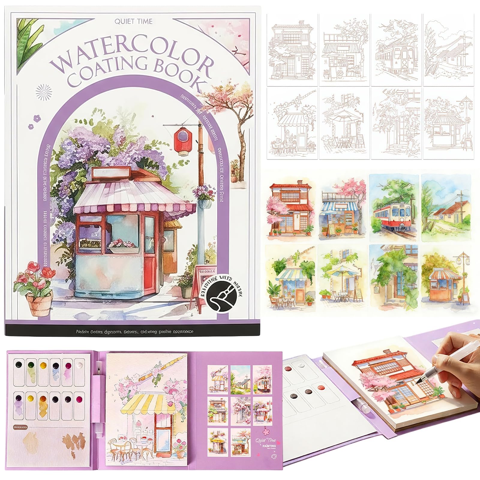Watercolor Coloring Book, Coloring Books for Relaxation and Travel, Step by Step Painting Guide with Watercolor Sketch Book Features, Complete Watercolour Craftmate Kits Set for Beginners-image-5
