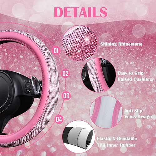 Miniatura 10 de CAR PASS 7 piezas de accesorios de automóvil brillantes para mujer, funda de volante con diamantes de imitación brillantes, cojín para cinturón de