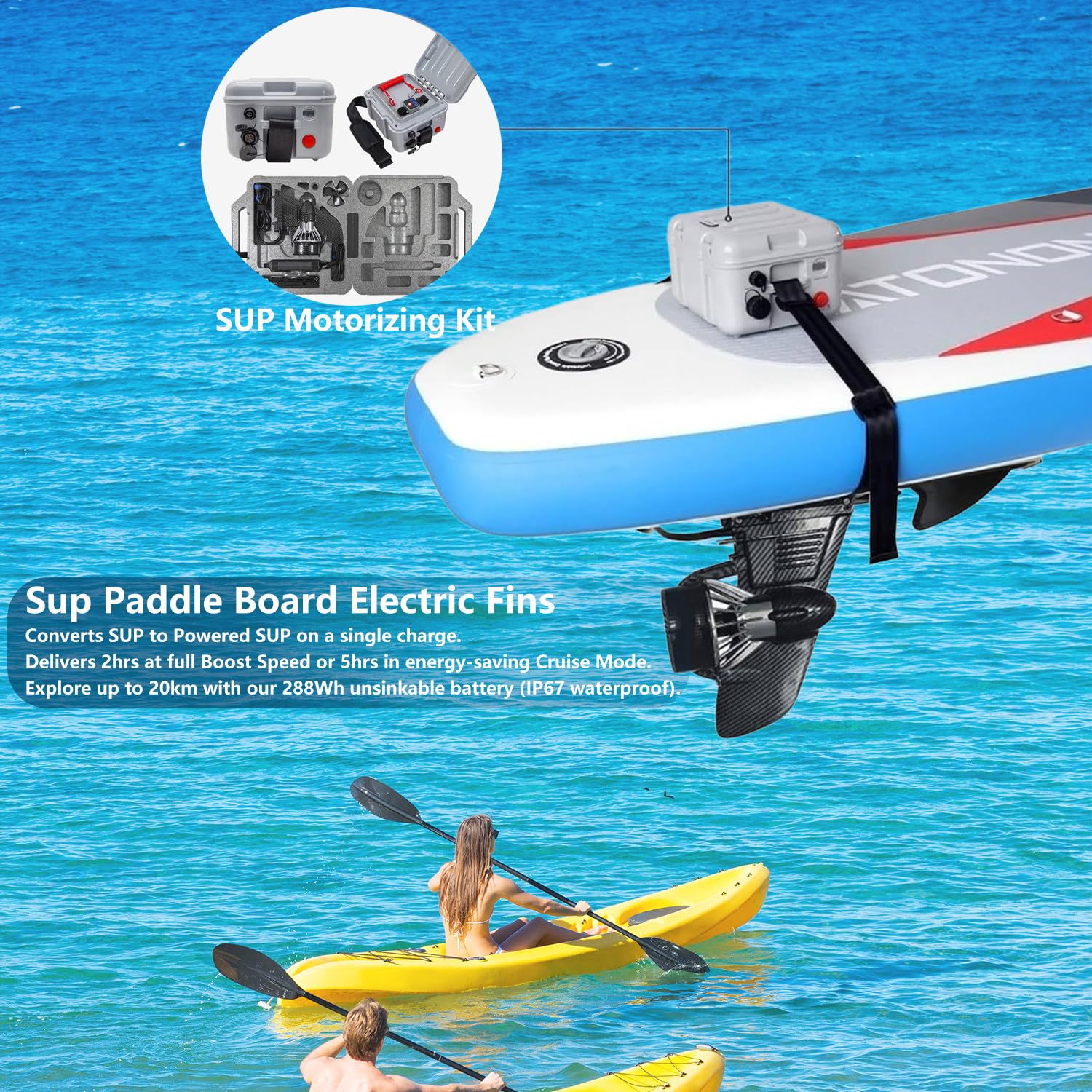 Pinne elettriche per SUP, motore elettrico per kayak gonfiabile, con contenitore, elic*a di ricambio, telecomando da polso, batteria da 288 Wh, 3-6 km/h, autonomia massima di 20 km, plug-and-play.