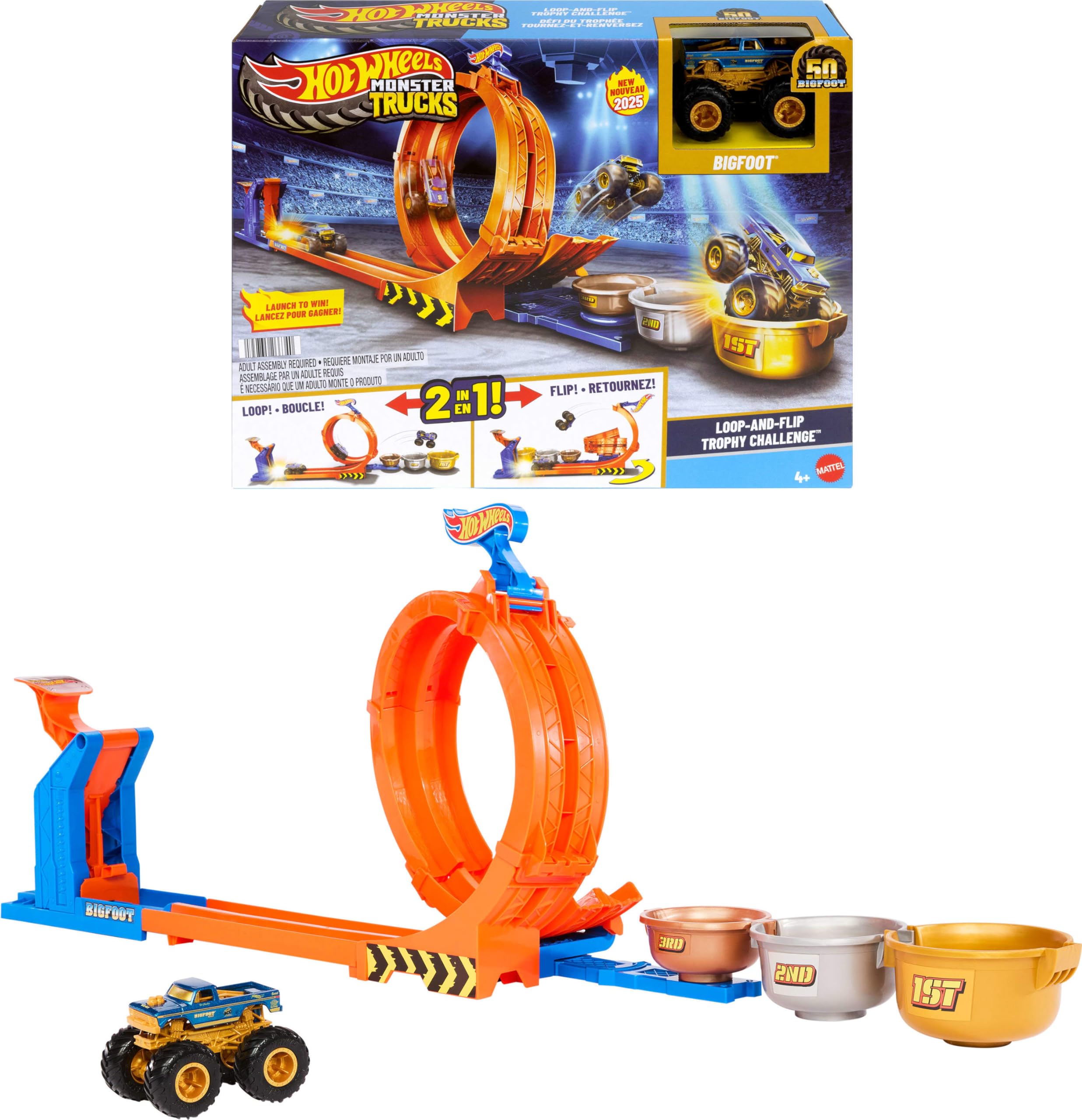 ​Hot Wheels Monster Trucks Toy Truck & Track Set, Loop-And-Flip Trophy Challenge Playset & 1:64 Scale 50th Anniversary Die-Cast Bigfoot, 2 Ways to Play