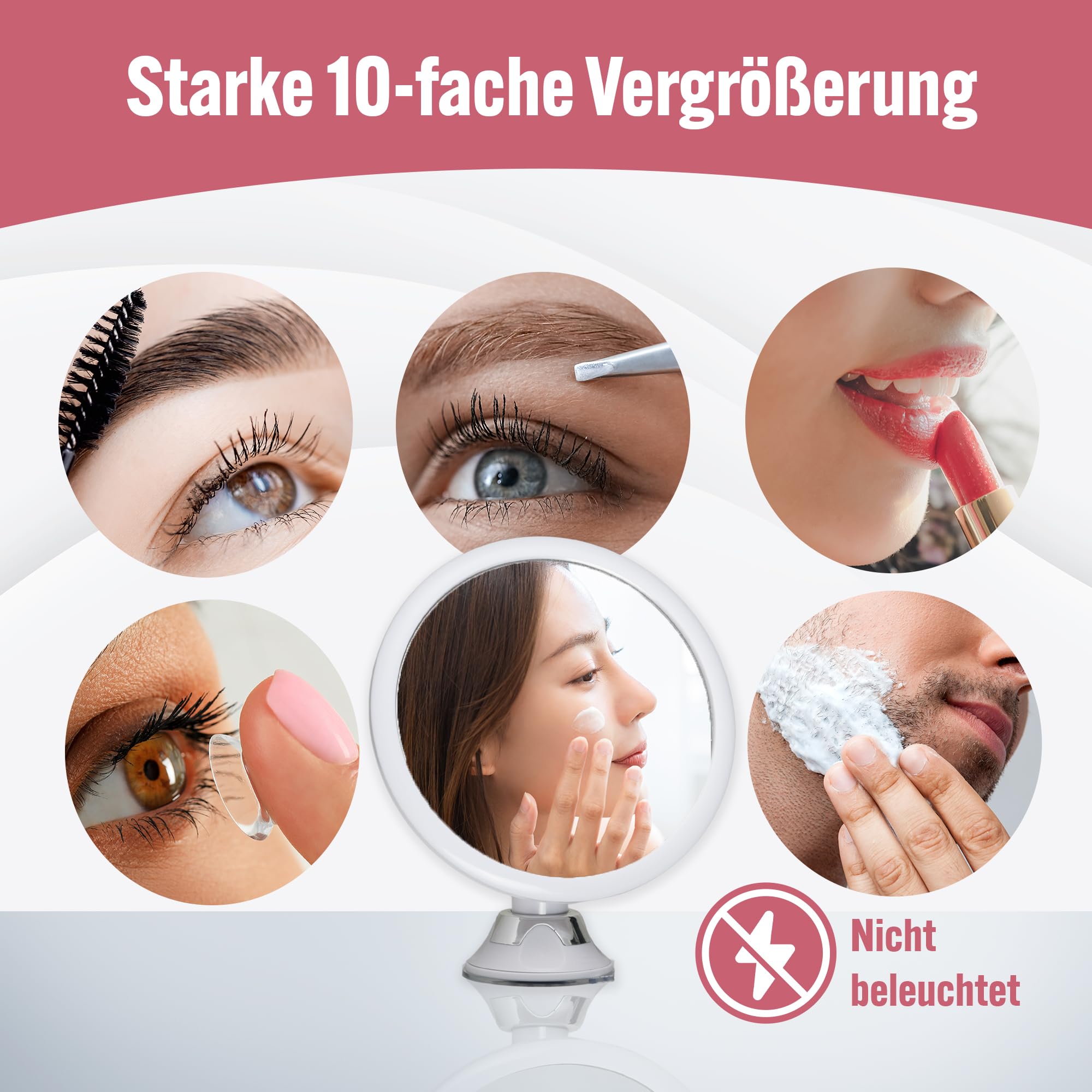 Schminkspiegel mit 10fach Vergrößerung - Kosmetikspiegel mit Saugnapf und 360 Grad Drehung für Make-up und Reisen, Magnifying Makeup Mirror - 17cm x17cm (Rund)