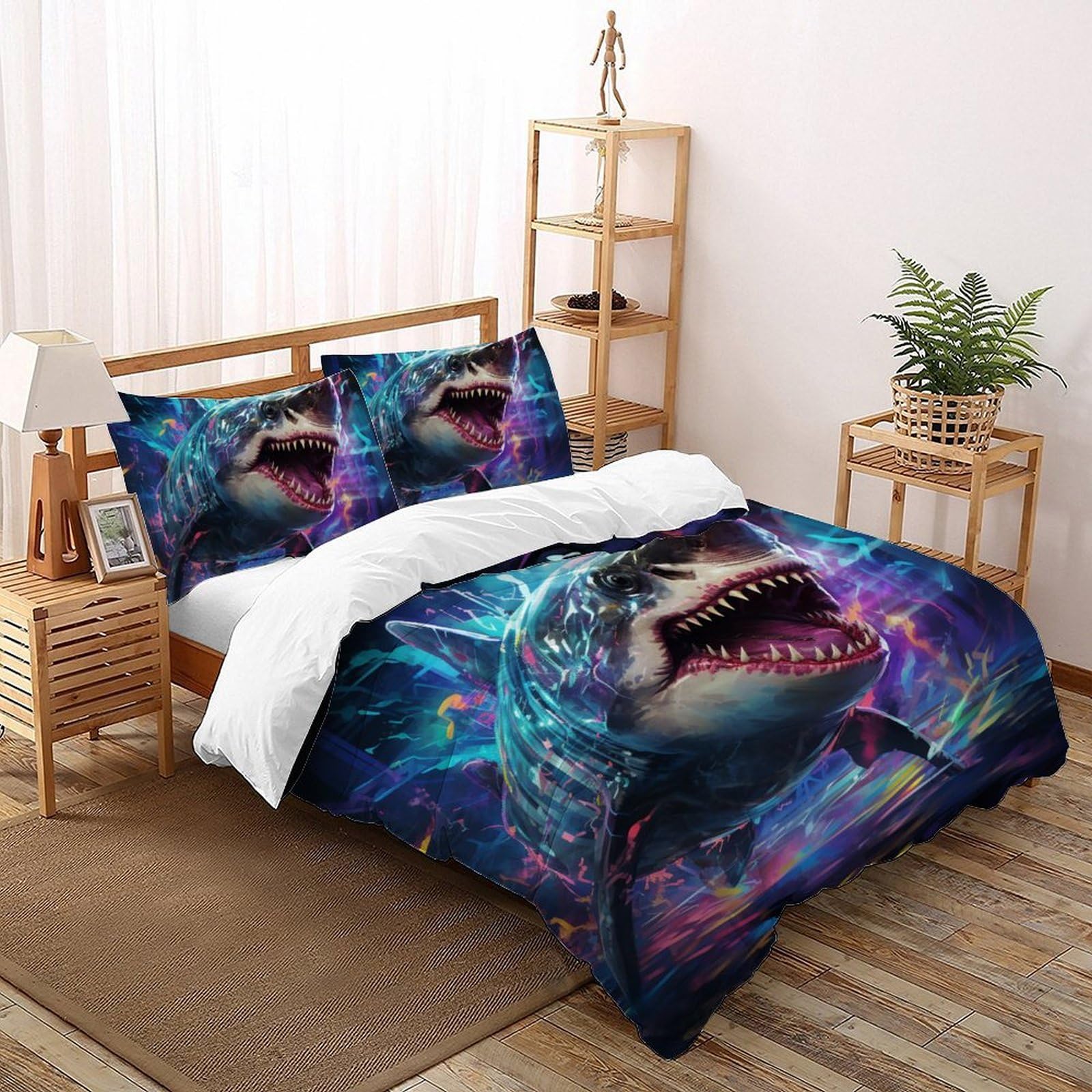 Housse de couette requin géant 200x200 cm avec 2 taies d'oreiller pour lit double enfant