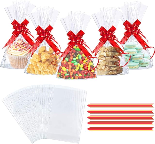 50PCS Clear Cellophane Treat Bags, AUERVO 13 x 18 cm Clear Resealable Flat Cello Bags Sweet Party Gift Bags Candy/Cookie/Chokley/with 50PCS Red Pull Bows
