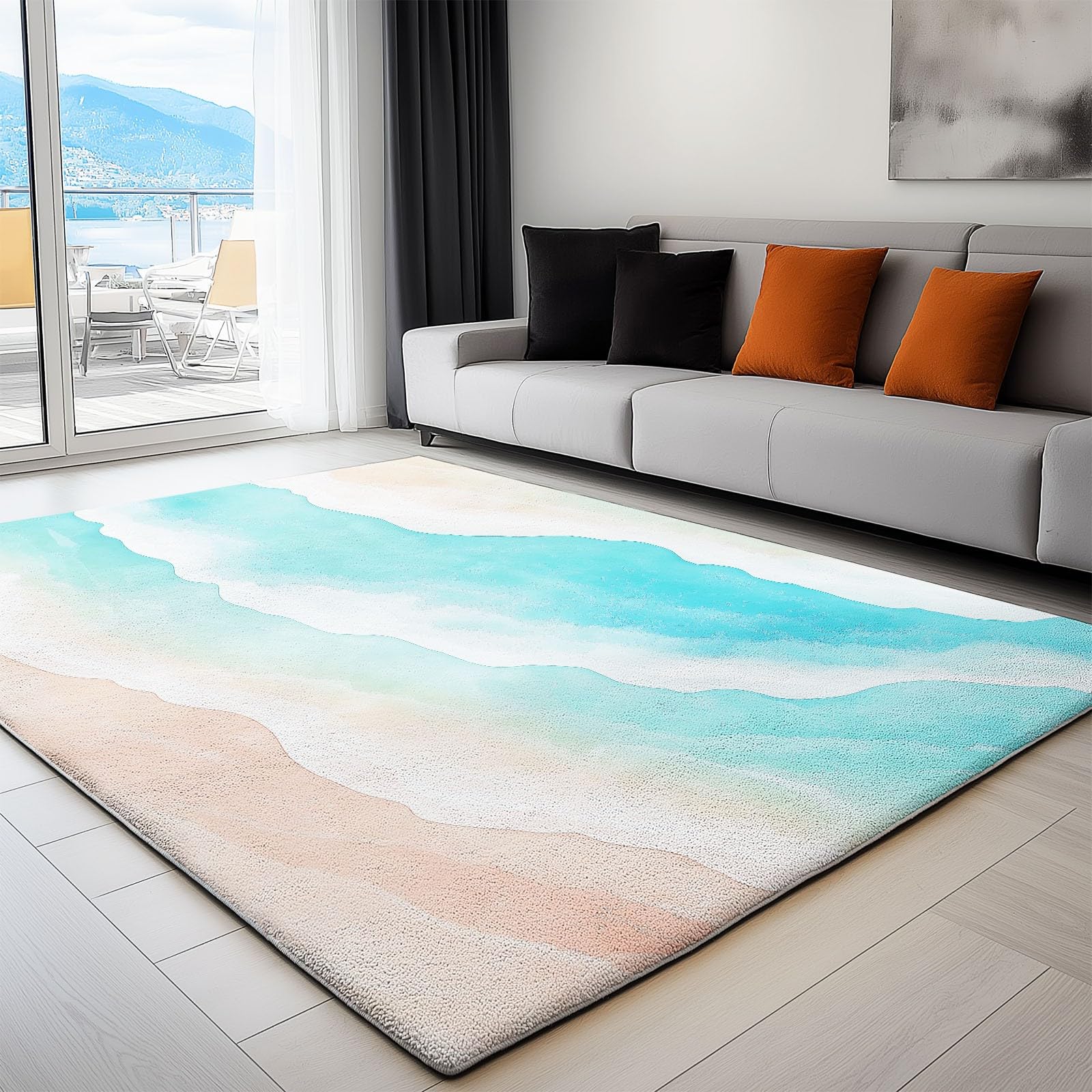 Générique 140 x 200 cm Tapis de Salon Moderne, Rayure de Vague de Plage Tapis de Chambre Super Doux Poil Court Lavable en Machine Abstrait Côtier pour Salle à Manger et Bureau