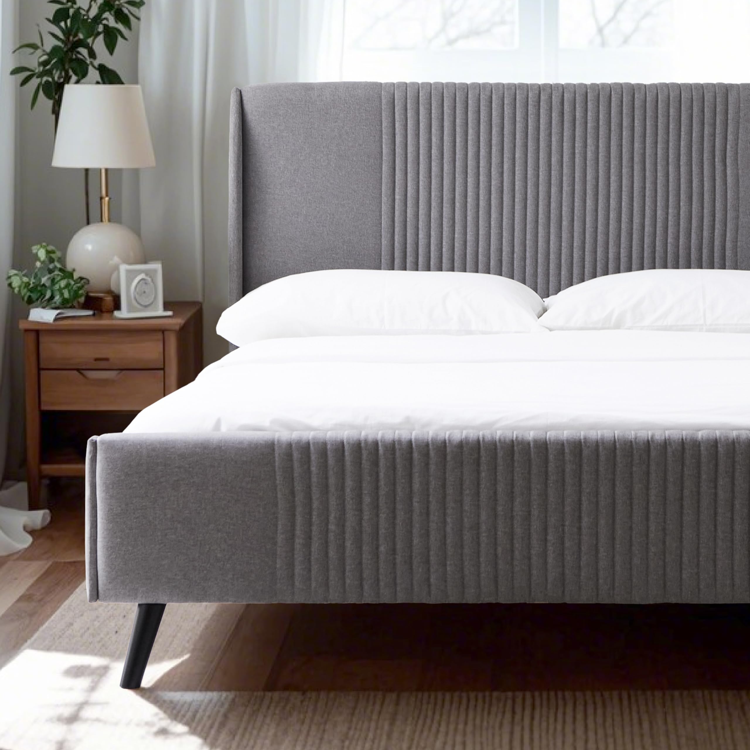 Livinia Sunset Full Size Wingback Platform Bed, Fabric Upholstered Full Bed Frame with Vertical Channel Tufted Headboard Footboard, Strong Wood Slats,