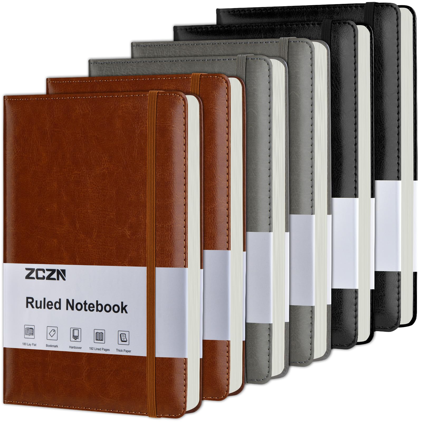ZCZN 6 Pack Lined Journal Notebooks, 192 Pages A5 Hardcover Leather Journals for Work,Writing,School & Travel, College Ruled Journaling Notebooks for