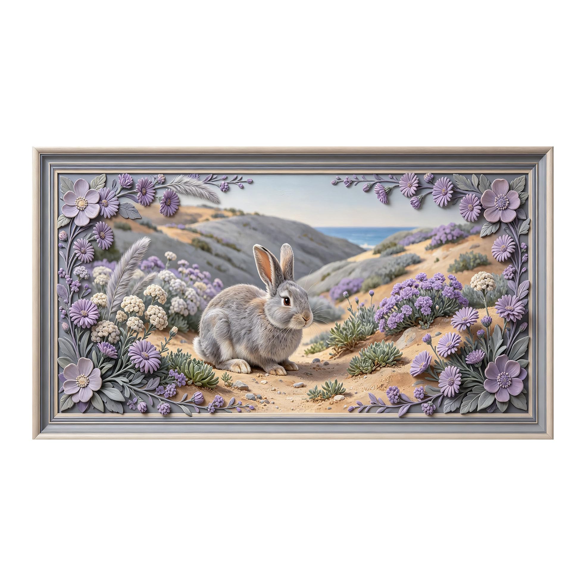 Yzpallescene 3D 3D Framed Wall Art 50cm×90cm Coastal Bunny Meadow Floral Landscape Large Size SelfAdhesive Removable Wall Decor Prints Artwork for Living Room Bedroom Office