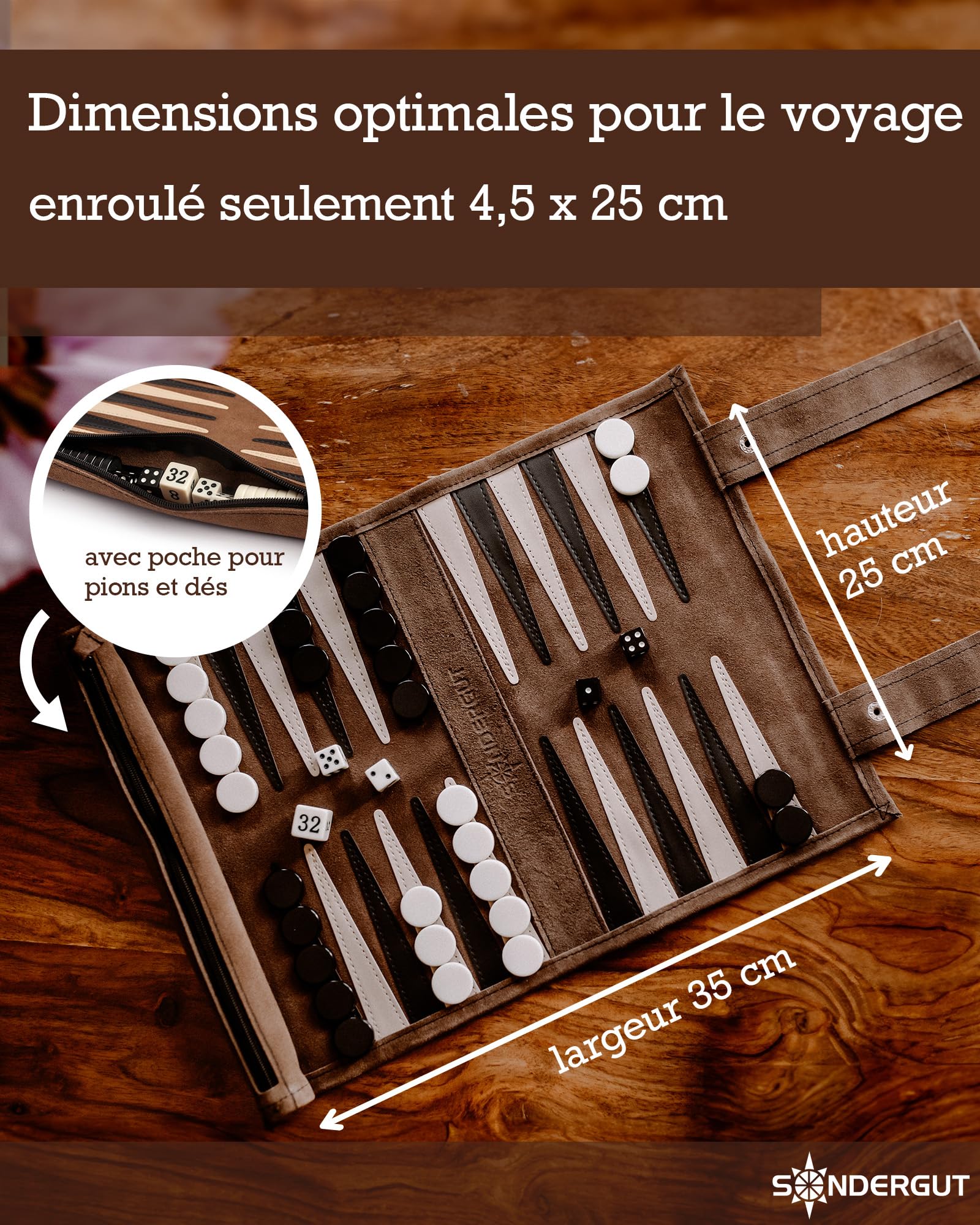 SONDERGUT- Backgammon - Backgammon en Cuir véritable - Backgammon de Voyage (Moka) (Moka)