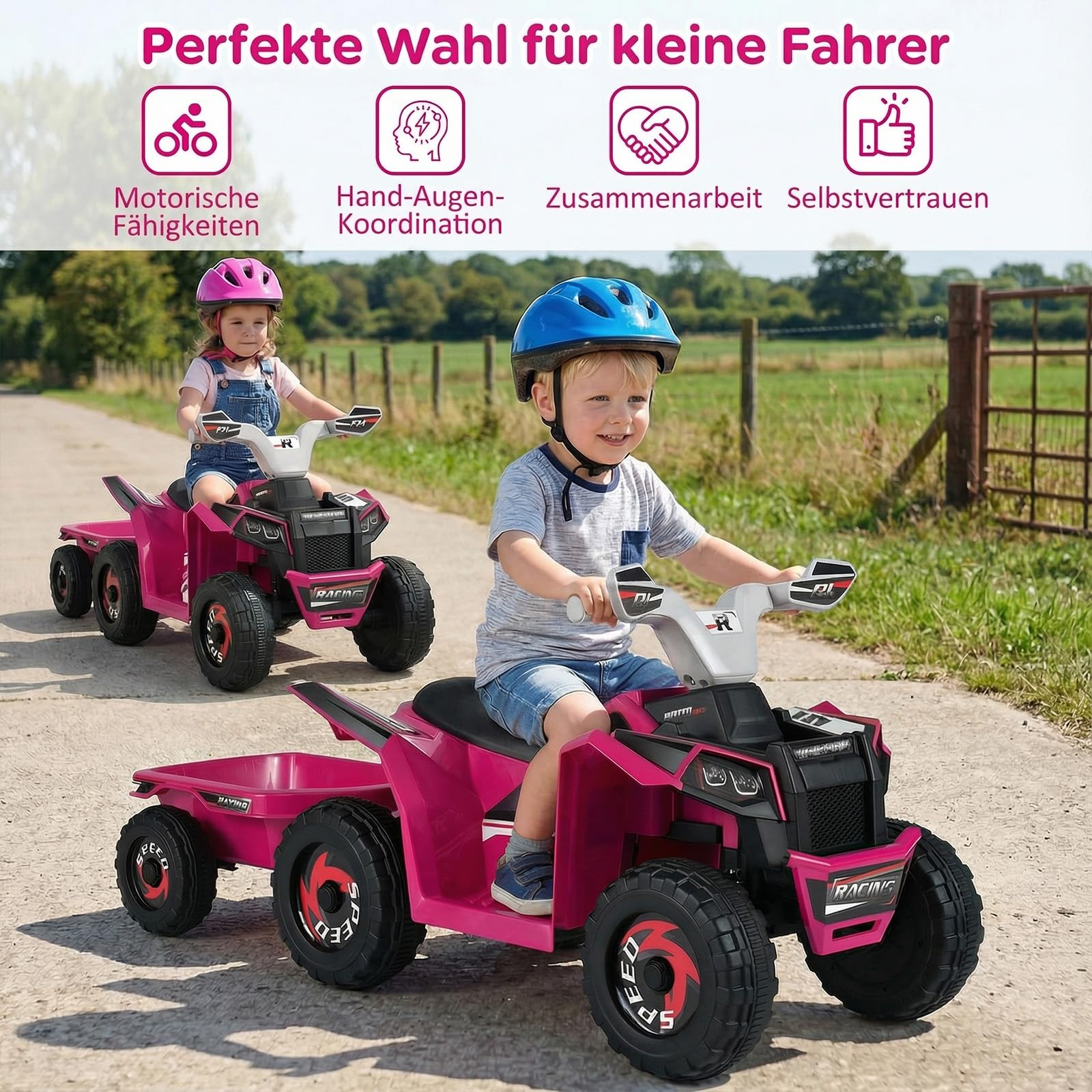 COSTWAY 6V Elektro Kinder Quad, Kinderquad mit abnehmbarem Anhänger, 2-3 km/h, Elektroquad mit Scheinwerfer, Vorwärts-& Rückwärtsfunktion, Mini Elektroauto ATV für Jungen & Mädchen ab 3 Jahren (Rosa)