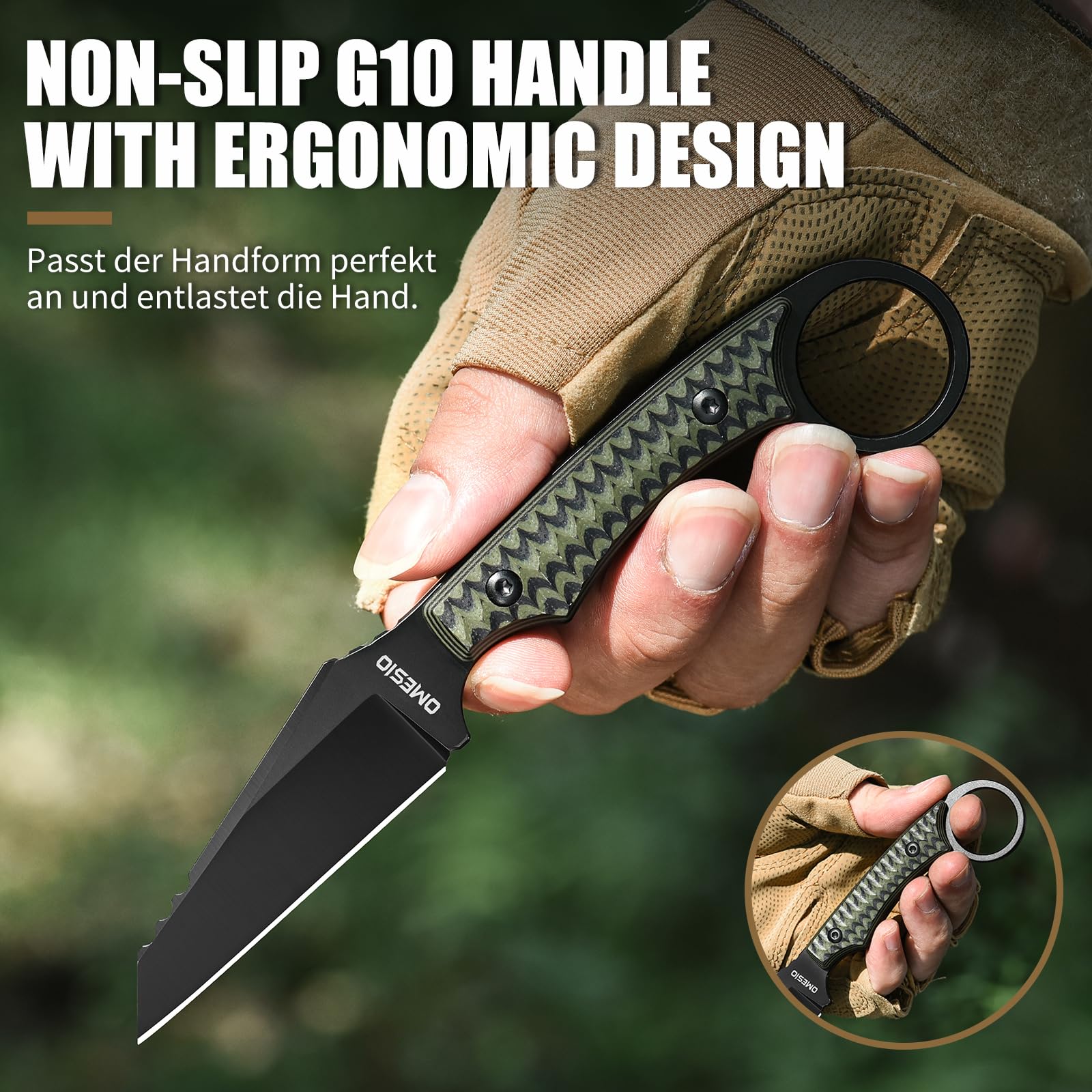 Omesio Neck Knife D2 Steel Reverse Tanto G10 Full Tang Kydex | Kompaktowy nóż EDC D2 z ostrzem Reverse Tanto 8,5 cm, rękojeścią G10, pochwą Kydex, klipsem i łańcuszkiem