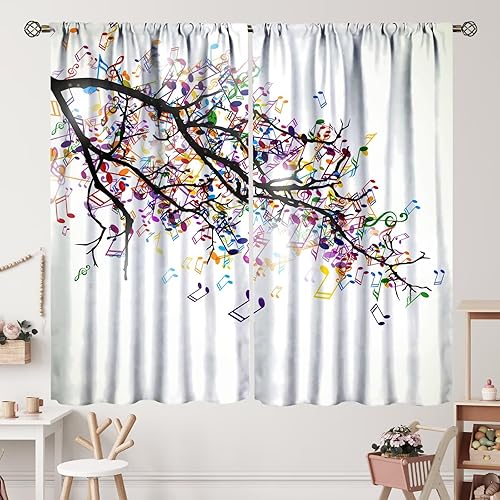 Miniatura 33 de Cortinas de notas musicales, rústicas, mágicas, notas musicales, arte retro, piano y violín, cortina con bolsillo para barra para dormitorio, sala