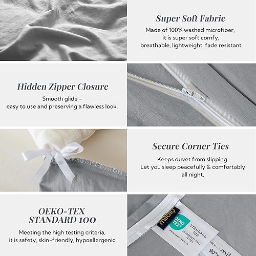 Miniatura 5 de Juego de funda de edredón de color gris, juego de ropa de cama de microfibra lavada de 2 piezas con cierre de cremallera, 1 funda de edredón de 80 x