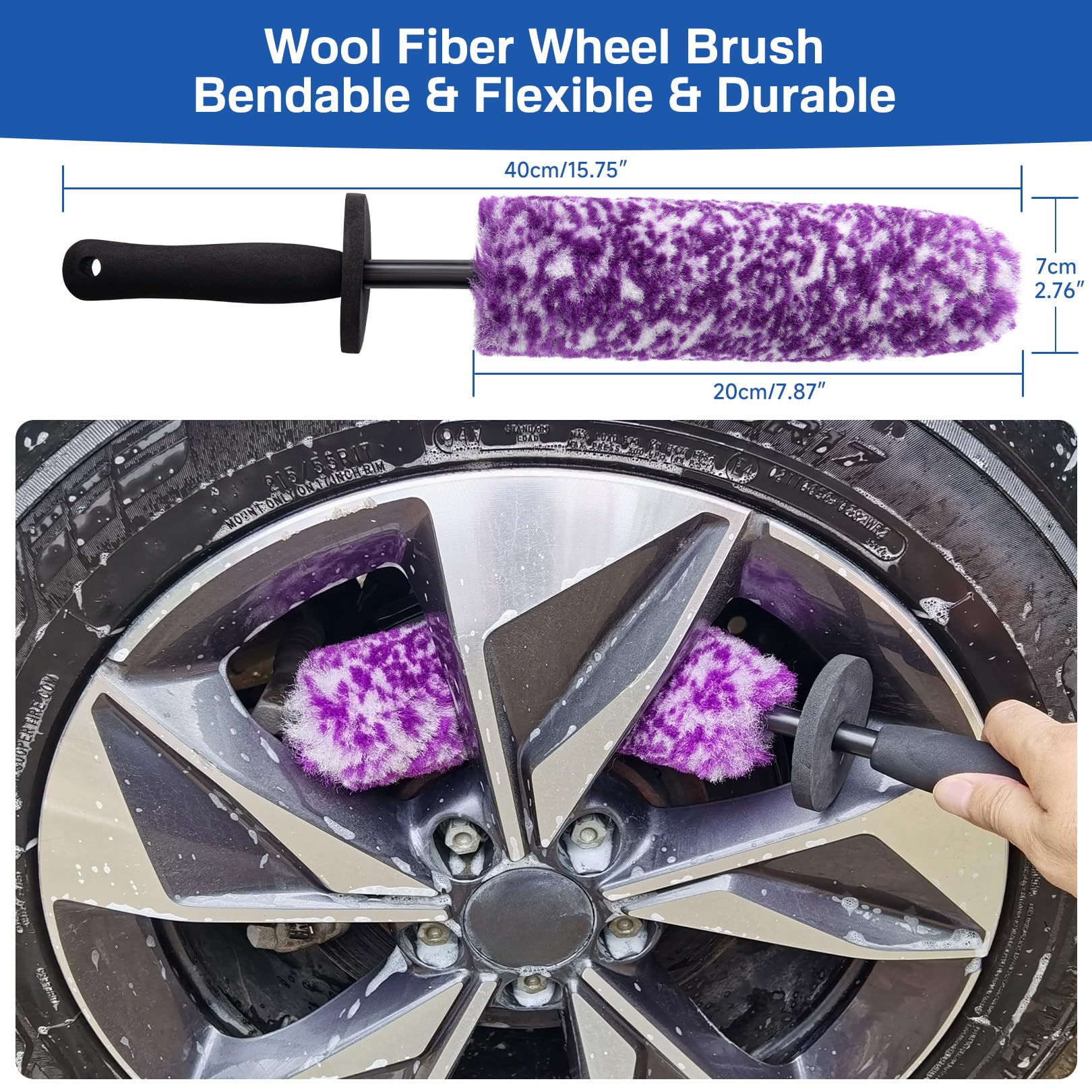 Kit de cepillo de limpieza de neumáticos para ruedas, coches, motocicletas, remolques, camiones, cubo de llanta de microfibra ultrasuave 360, juego de cerdas sintéticas plegables para lavar