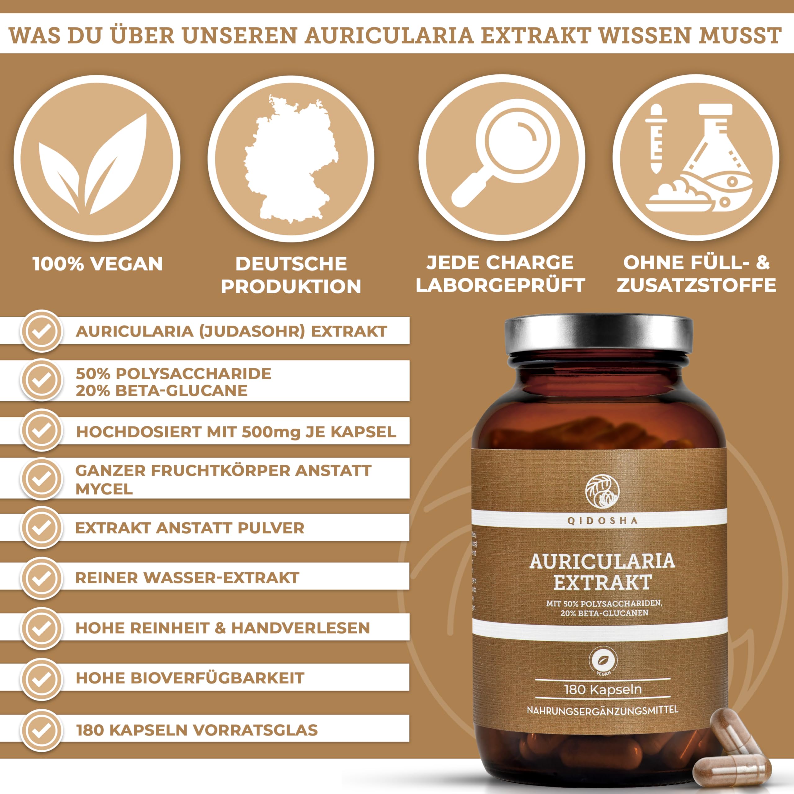 QIDOSHA® Auricularia 40:1 Extrakt Kapseln, 180 Stk im Apothekerglas, hochreiner Auricularia Extrakt mit 500mg je Kapsel, davon 50% Pilz-Polysaccharide, 20% Beta-Glucane, Judasohr Kapseln