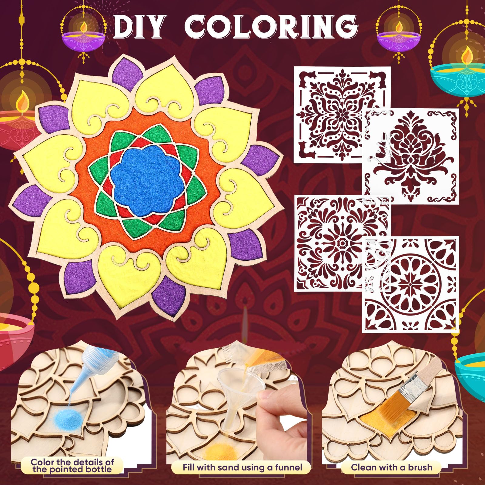MustHaves Wooden Rangoli Stencils Set For Diwali Decoration - 4 Designs, 4x4 Inches Each - View #2