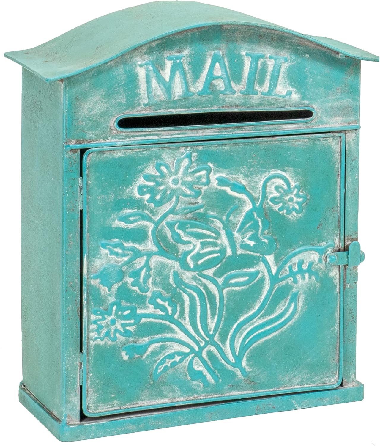 Red Co. 10” x 12.5” Farmhouse Mail Embossed Tin Metal Wall Mount Mailbox, Country Rustic Décor, Distressed Teal Blue