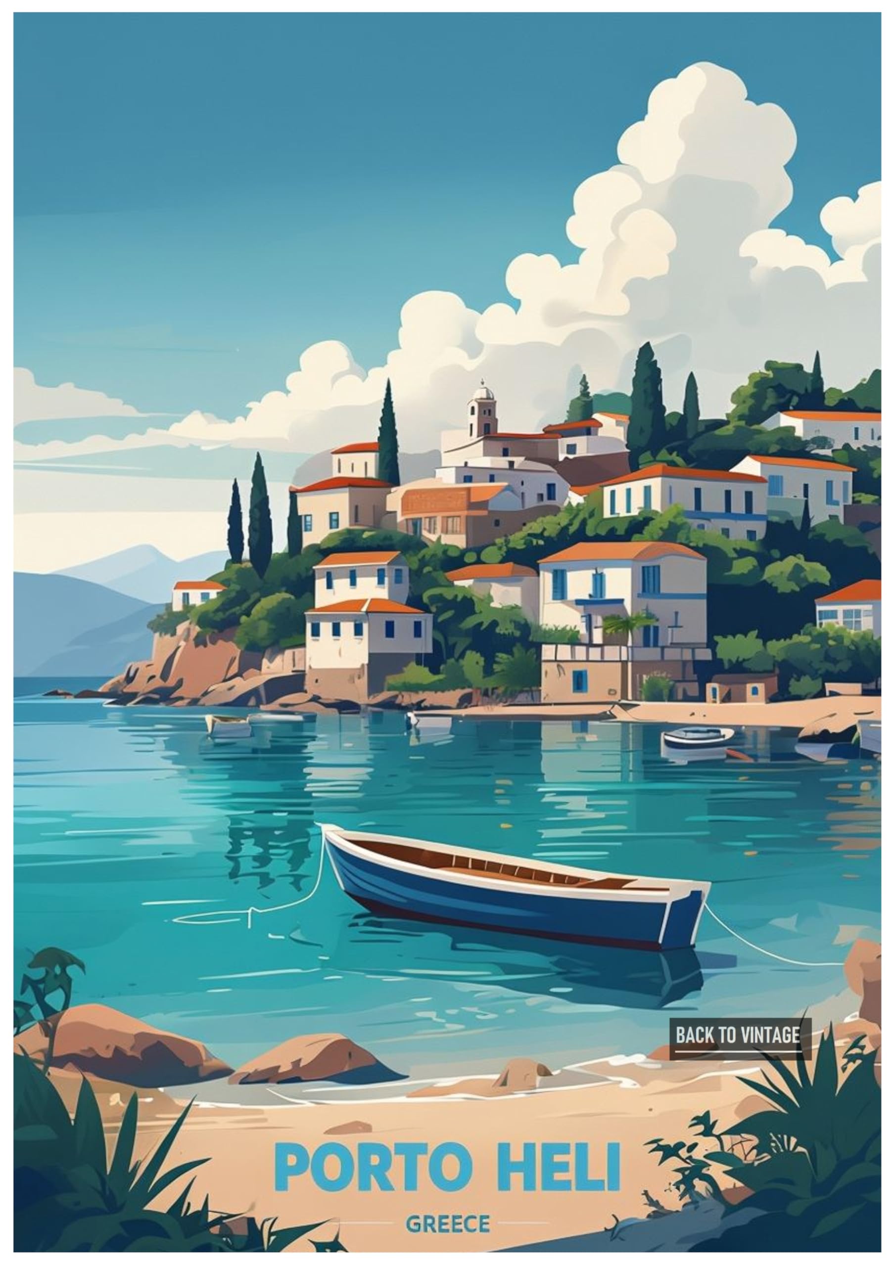 Back To Vintage Multicoloured Vintage Travel Poster Illustration Of Porto Heli Greece - Retro Europe Travel Poster A4 Size Vintage Wall Art Print Of Famous European Destinations Ideal For Home Or Office Decor