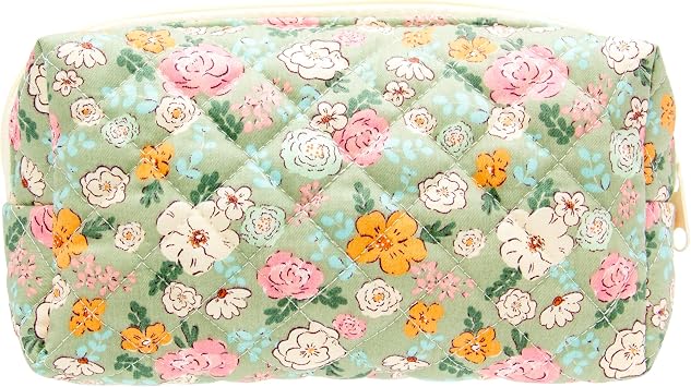 PAZIMIIK Small Quilted Makeup Bag,Zipper Cosmetic Pouch,Green Floral
