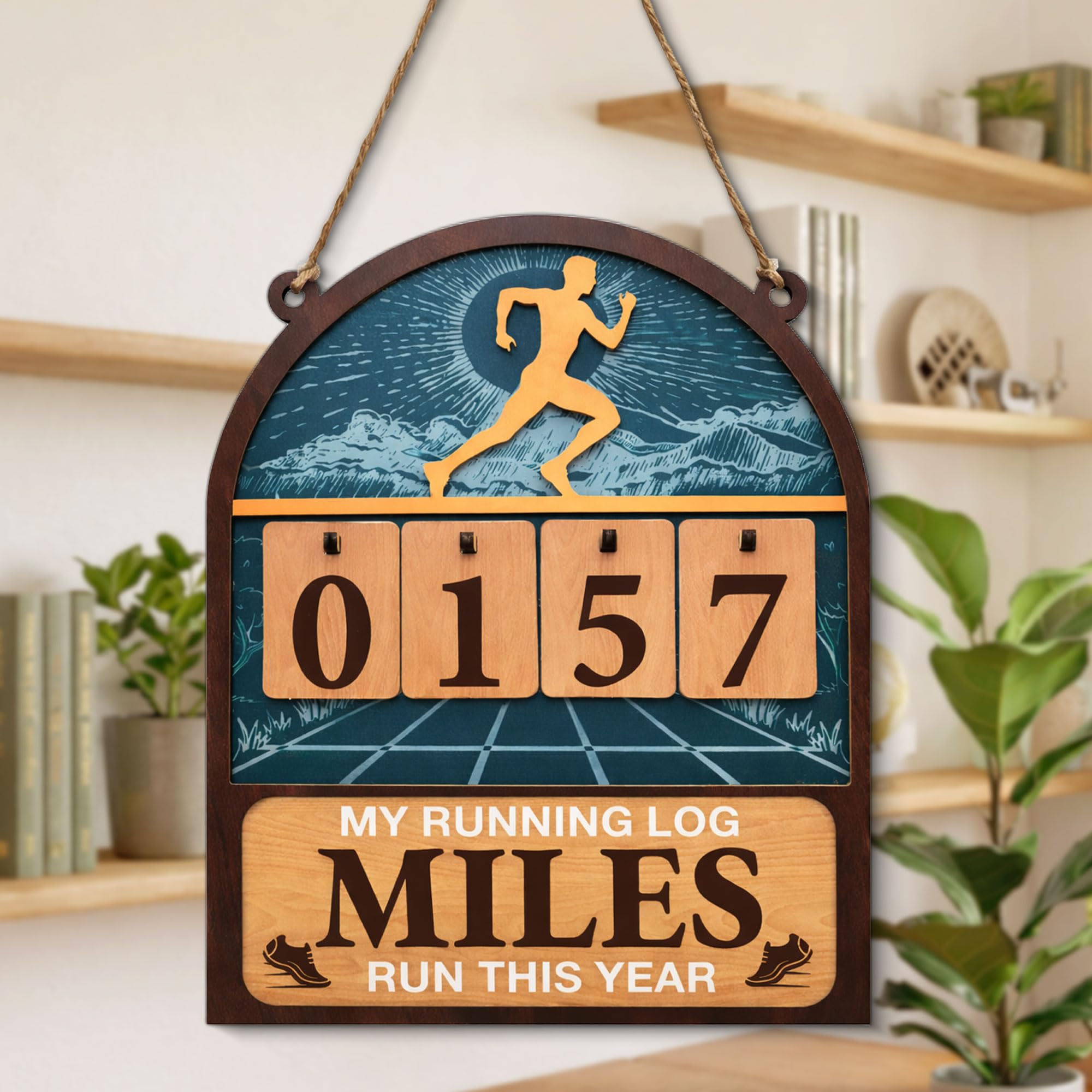Miles Run This Year Tracker Sign - Wooden Yearly Running Log Counter Home Decor - Running Gifts for Women Men Runners, Marathon Runner Gifts